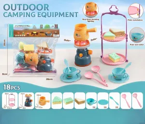 18PCS Outdoor Camping Pretend Play Set,Interactive Pretend Play Kitchen Toy Set for Kids - Cooking Play with Lights & Sounds, Tea Set, Cake Stand Educational Gift for Girls Boys Ages 3-8‌