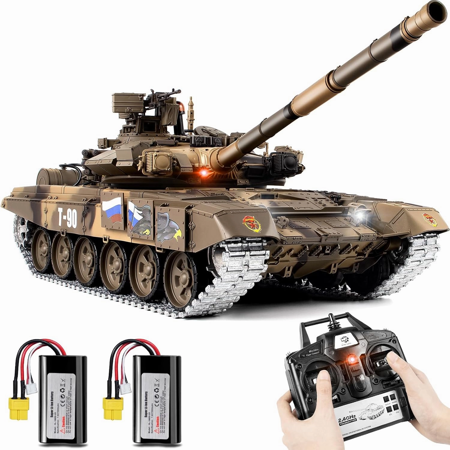 1/16 RC Tank, Hong Long Russian T90 Army Toy with Smoke, Sound and Lights, 2.4G Remote Control Tank That Shoots with Upgraded Metal Tracks, Idler and Sprocket Wheel, Steel Gearbox, Batteries*2