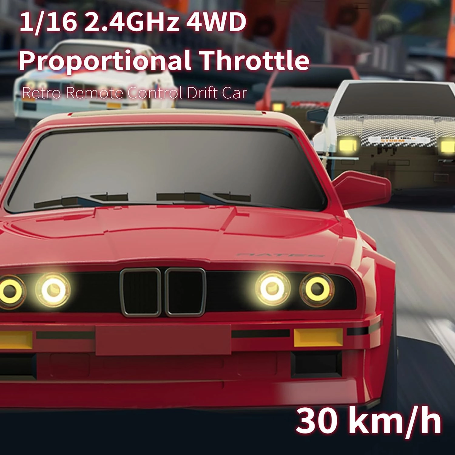 1:16 Scale RC Drift Car, 30KM/H 4WD 2.4GHz Remote Control Cars with LED Light, Racing and 4 Drifting Wheels, 1 Rechargeable Batteries, Perfect Toy Gift for Boys, Girls, Kids Red