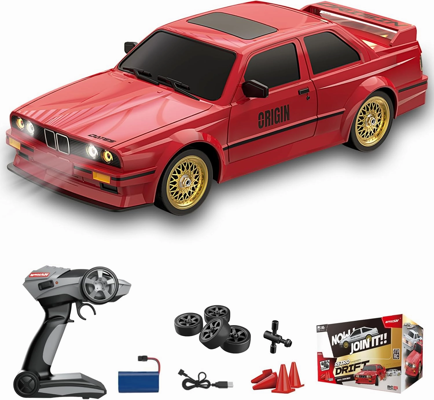 1:16 Scale RC Drift Car, 30KM/H 4WD 2.4GHz Remote Control Cars with LED Light, Racing and 4 Drifting Wheels, 1 Rechargeable Batteries, Perfect Toy Gift for Boys, Girls, Kids Red