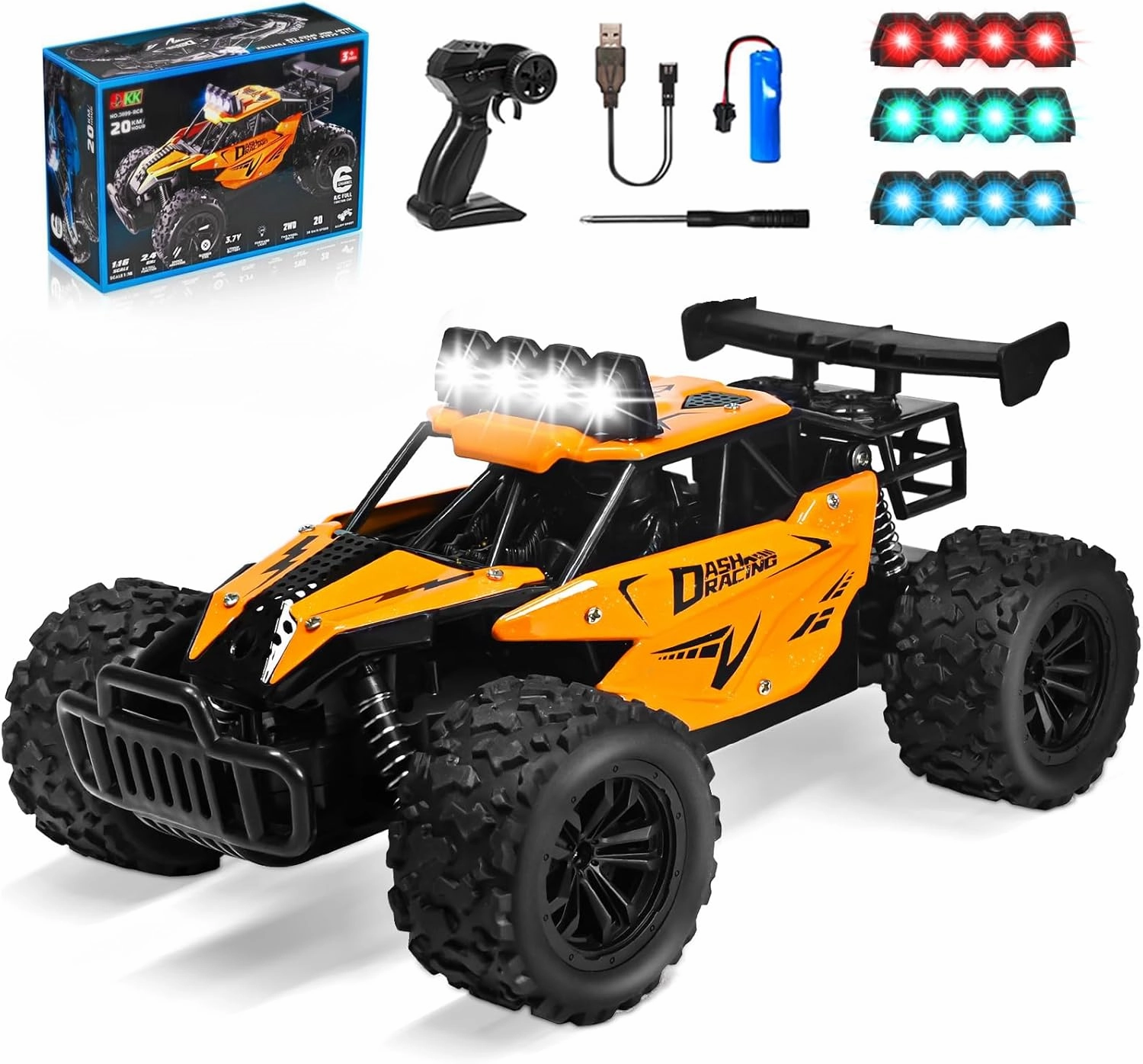 1:16 Scale Remote Control Car - 2.4GHz High Speed 20KM/H All Terrain RC Monster Truck Off Road with LED Headlights and Rechargeable Battery Xmas Gift for Adults Boys Age 8-12