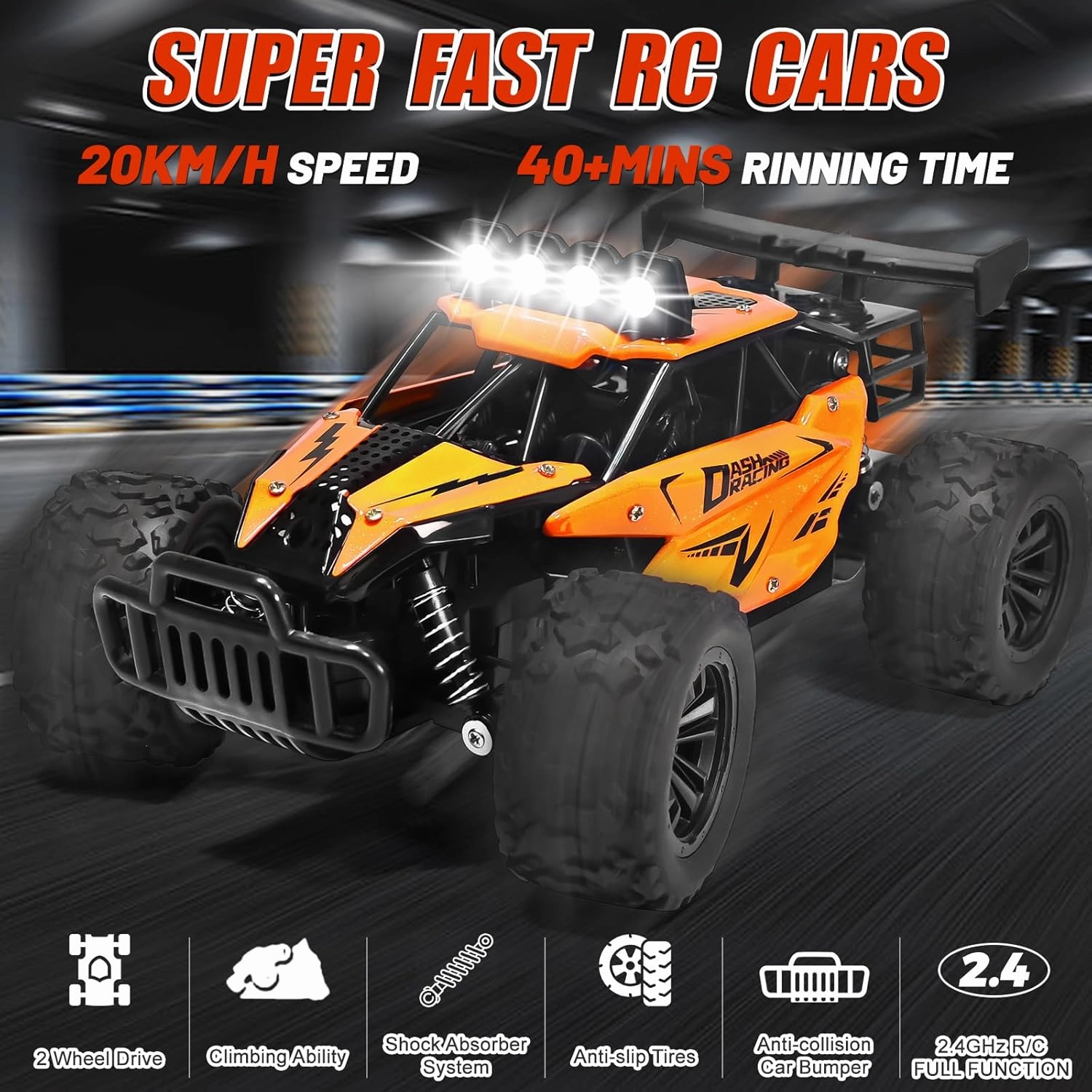 1:16 Scale Remote Control Car - 2.4GHz High Speed 20KM/H All Terrain RC Monster Truck Off Road with LED Headlights and Rechargeable Battery Xmas Gift for Adults Boys Age 8-12