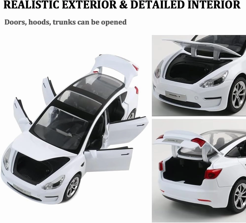 1/24 Scale Diecast Car Model 3, Alloy Diecast Toy Cars Pull Back Toys with Sound & Light, Vehicles Toys for Kids Gift Car Lovers Collection (1/24 Model 3 -White)