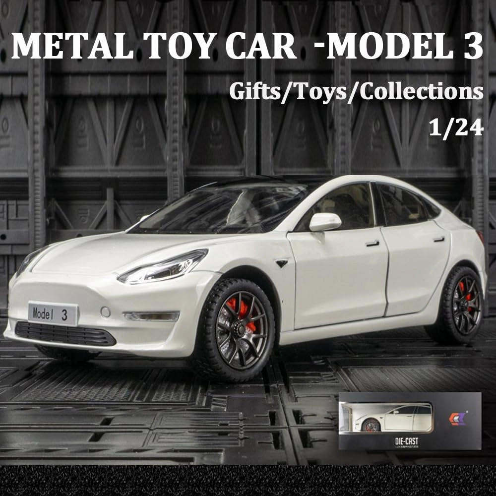 1/24 Scale Diecast Car Model 3, Alloy Diecast Toy Cars Pull Back Toys with Sound & Light, Vehicles Toys for Kids Gift Car Lovers Collection (1/24 Model 3 -White)