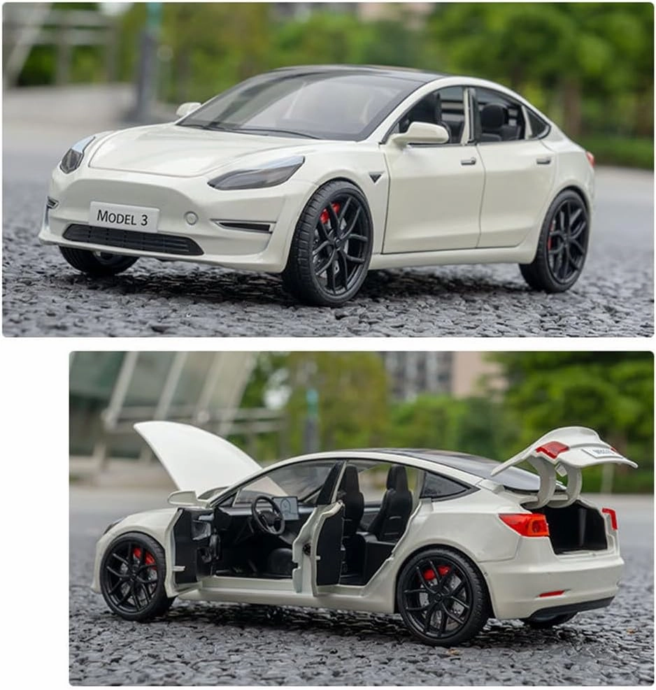1/24 Scale Diecast Car Model 3, Alloy Diecast Toy Cars Pull Back Toys with Sound & Light, Vehicles Toys for Kids Gift Car Lovers Collection (1/24 Model 3 -White)