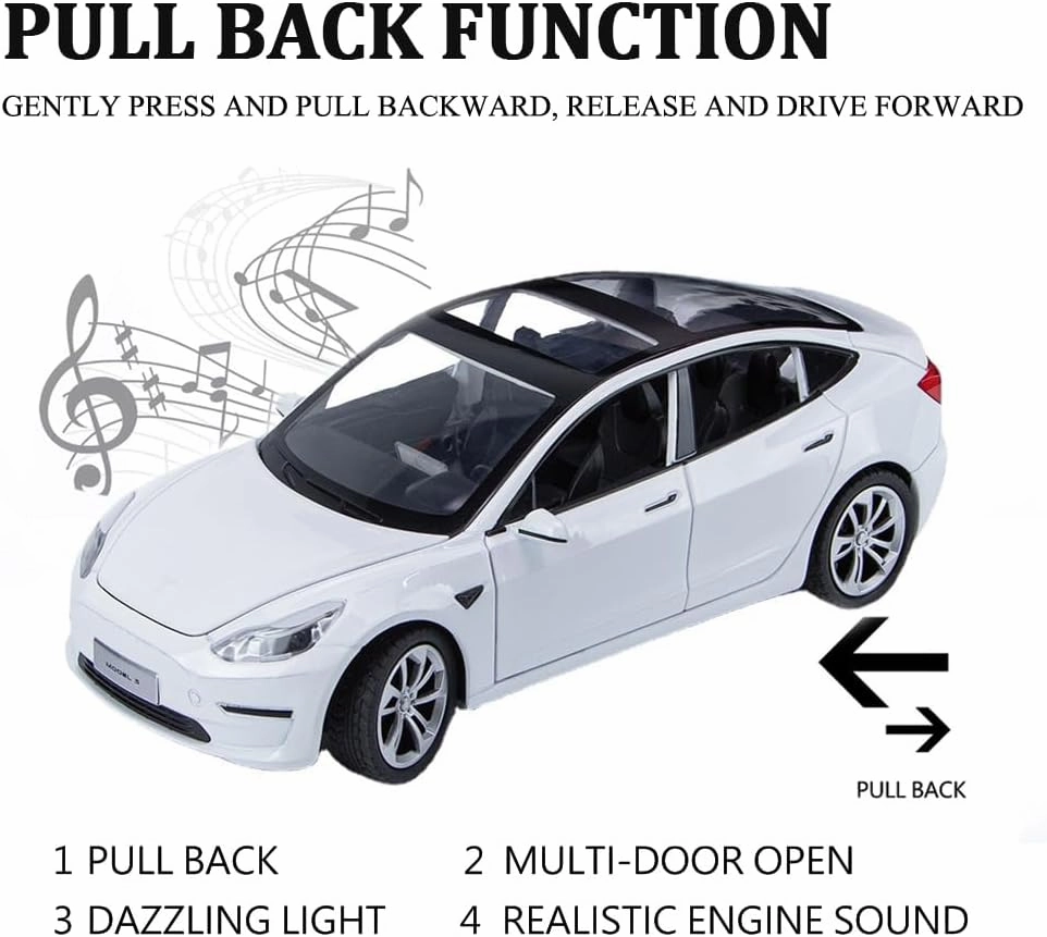 1/24 Scale Diecast Car Model 3, Alloy Diecast Toy Cars Pull Back Toys with Sound & Light, Vehicles Toys for Kids Gift Car Lovers Collection (1/24 Model 3 -White)