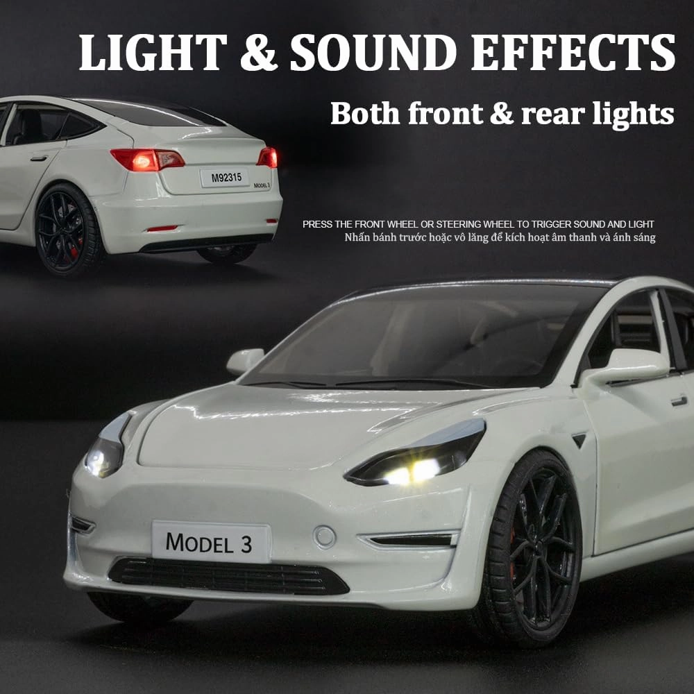 1/24 Scale Diecast Car Model 3, Alloy Diecast Toy Cars Pull Back Toys with Sound & Light, Vehicles Toys for Kids Gift Car Lovers Collection (1/24 Model 3 -White)
