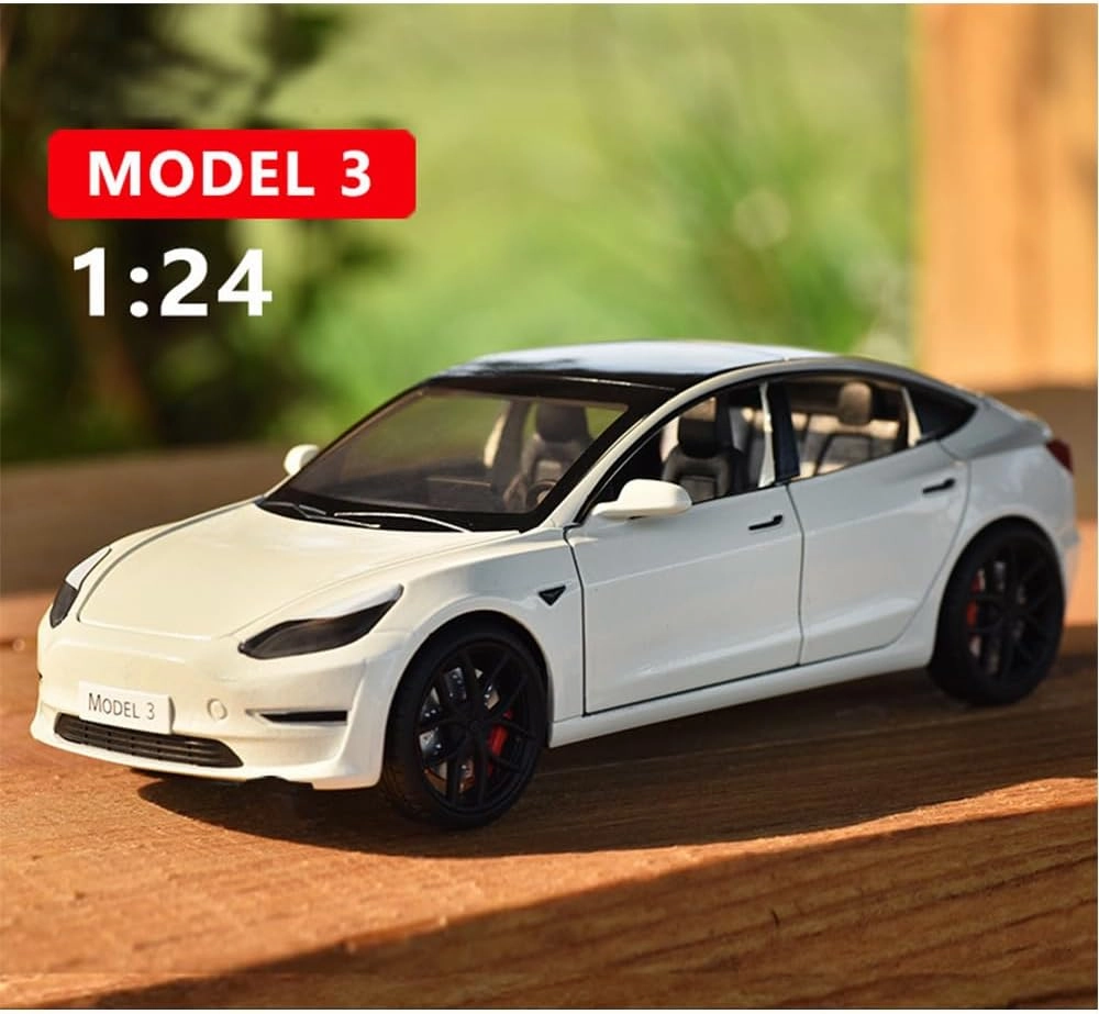 1/24 Scale Diecast Car Model 3, Alloy Diecast Toy Cars Pull Back Toys with Sound & Light, Vehicles Toys for Kids Gift Car Lovers Collection (1/24 Model 3 -White)