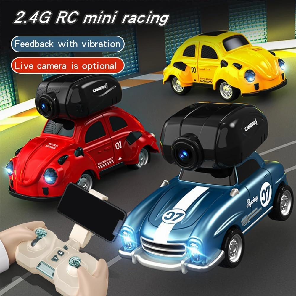 1:32 Mini RC Car, 2.4GHz High-Speed Drifting Toy car with Real-time Camera, Lights, Vibration Feedback, Toy Cars for Boys & Girls Birthday (Green RC Racer/with Camera)