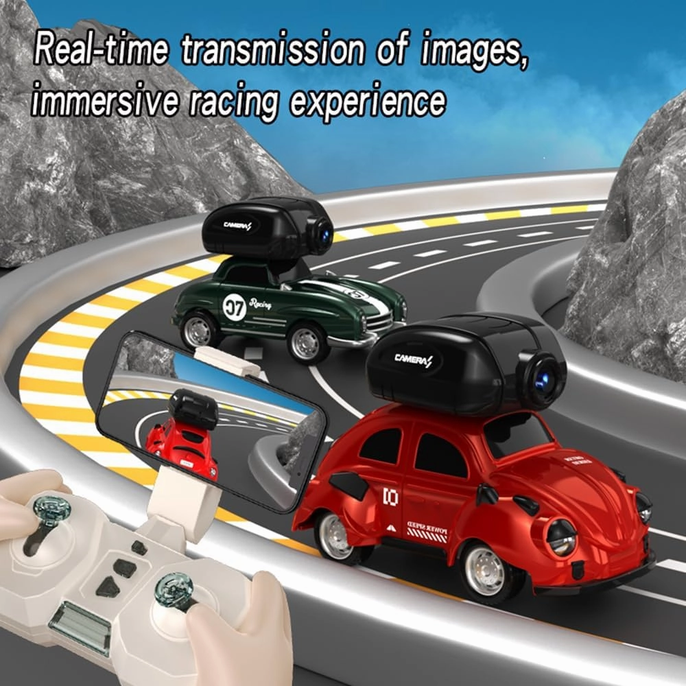 1:32 Mini RC Car, 2.4GHz High-Speed Drifting Toy car with Real-time Camera, Lights, Vibration Feedback, Toy Cars for Boys & Girls Birthday (Green RC Racer/with Camera)