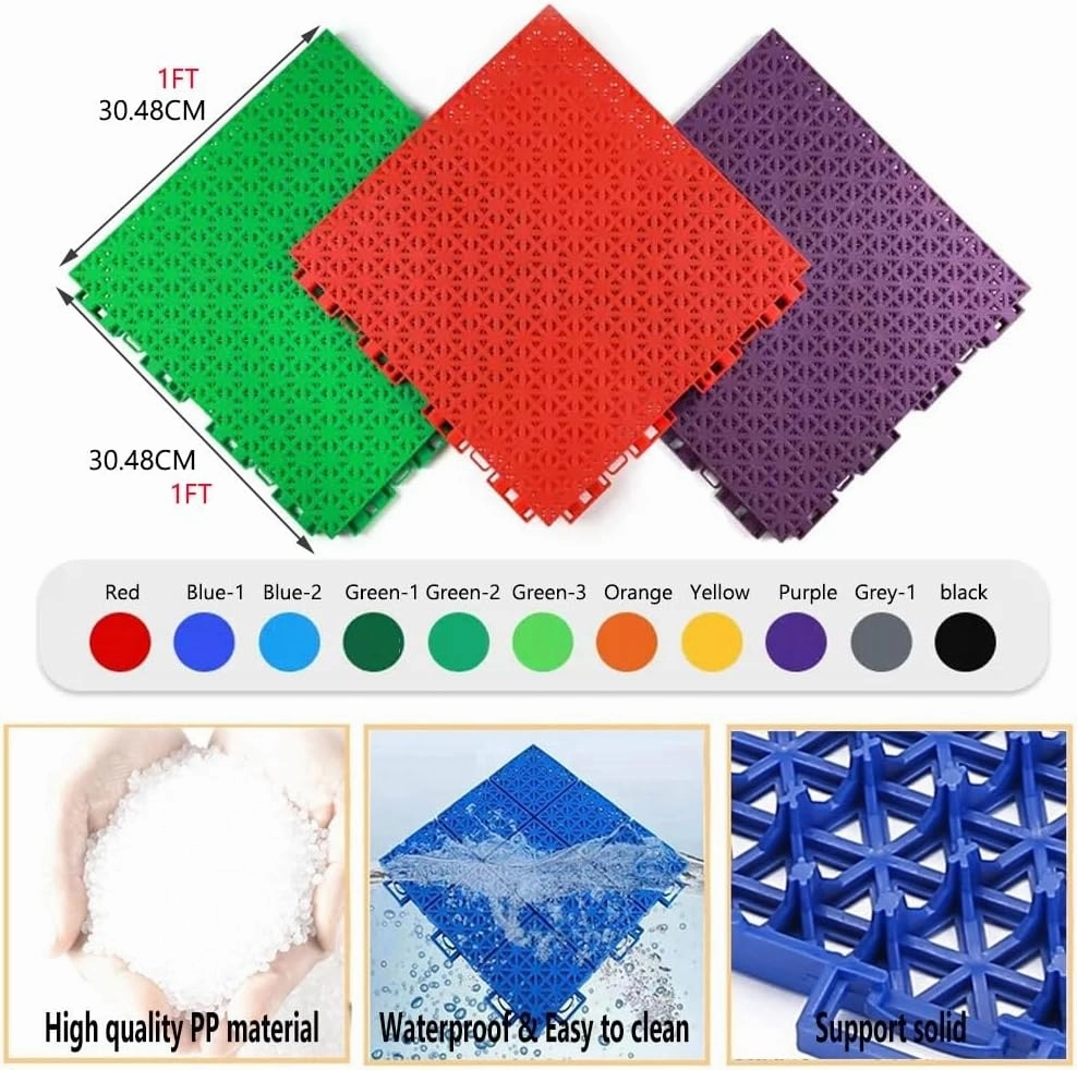 1 FT PP Modular Interlocking Floor Tiles with Drainage Holes, Basketball Court Badminton Court Kimchi Court Waterproof Sports Floor mat,Yellow,10PCS (Blue-1