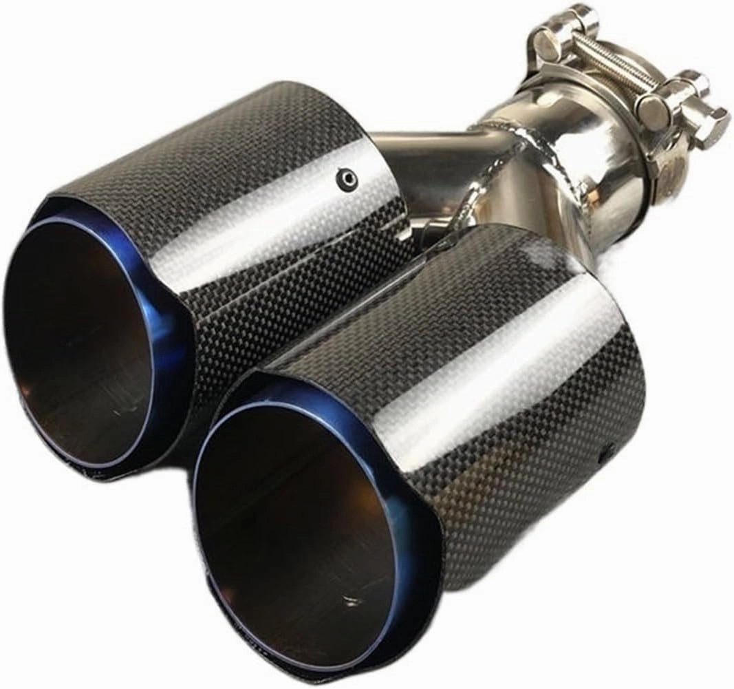 1 Piece Shiny Carbon Universal Y Model Double Tailpipe Nozzles Exhaust Tips Compatible For Akrapovic Blue Color Muffler Stainless Steel(In 63MM Out 114MM)