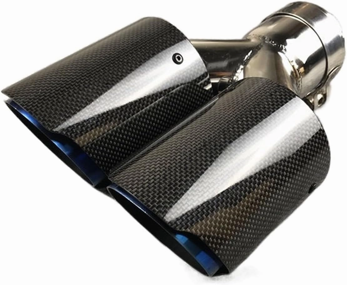 1 Piece Shiny Carbon Universal Y Model Double Tailpipe Nozzles Exhaust Tips Compatible For Akrapovic Blue Color Muffler Stainless Steel(In 63MM Out 114MM)