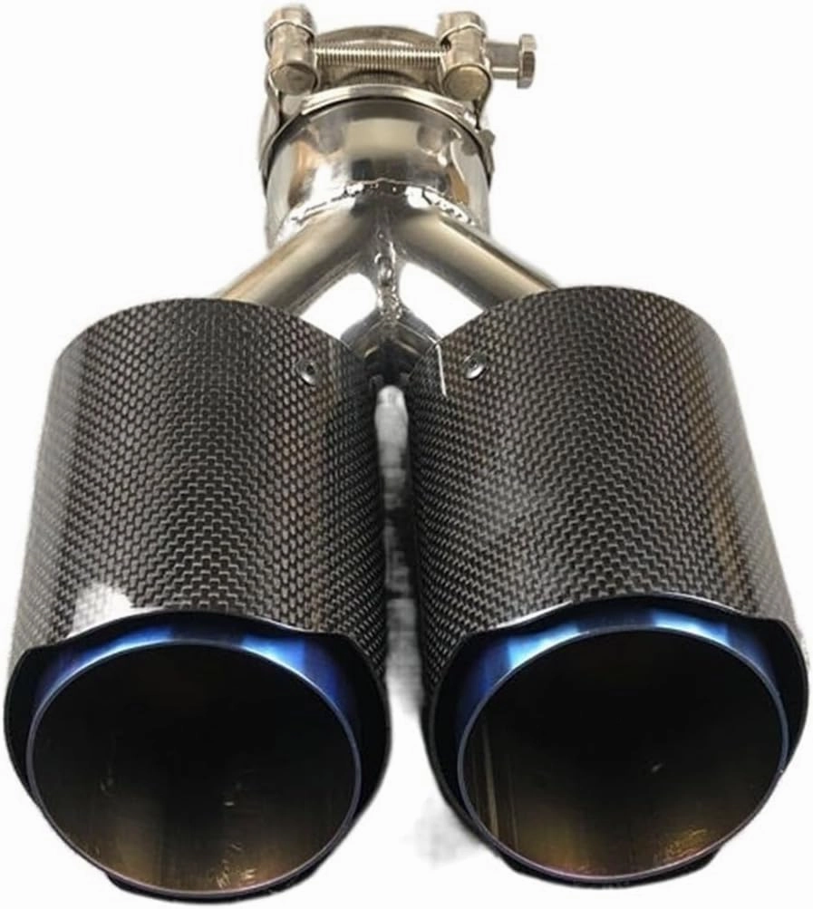 1 Piece Shiny Carbon Universal Y Model Double Tailpipe Nozzles Exhaust Tips Compatible For Akrapovic Blue Color Muffler Stainless Steel(In 63MM Out 114MM)
