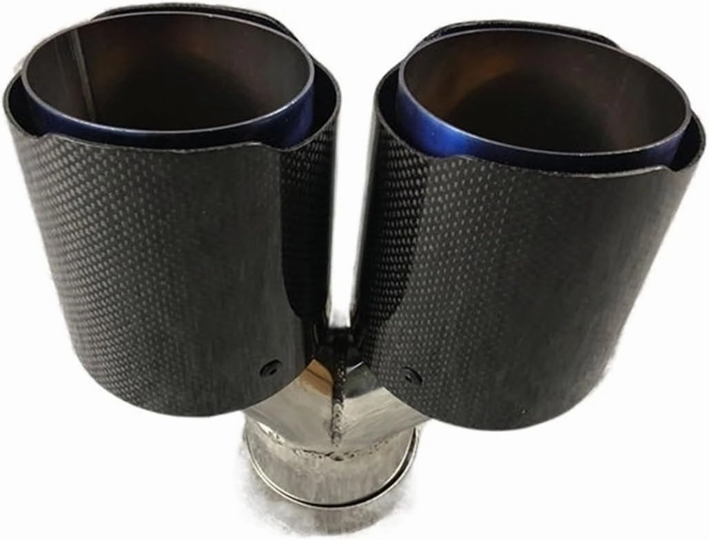 1 Piece Shiny Carbon Universal Y Model Double Tailpipe Nozzles Exhaust Tips Compatible For Akrapovic Blue Color Muffler Stainless Steel(In 63MM Out 114MM)