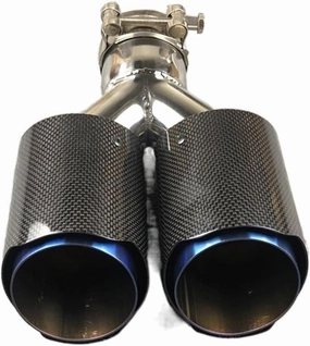 1 Piece Shiny Carbon Universal Y Model Double Tailpipe Nozzles Exhaust Tips Compatible For Akrapovic Blue Color Muffler Stainless Steel(In 63MM Out 114MM)
