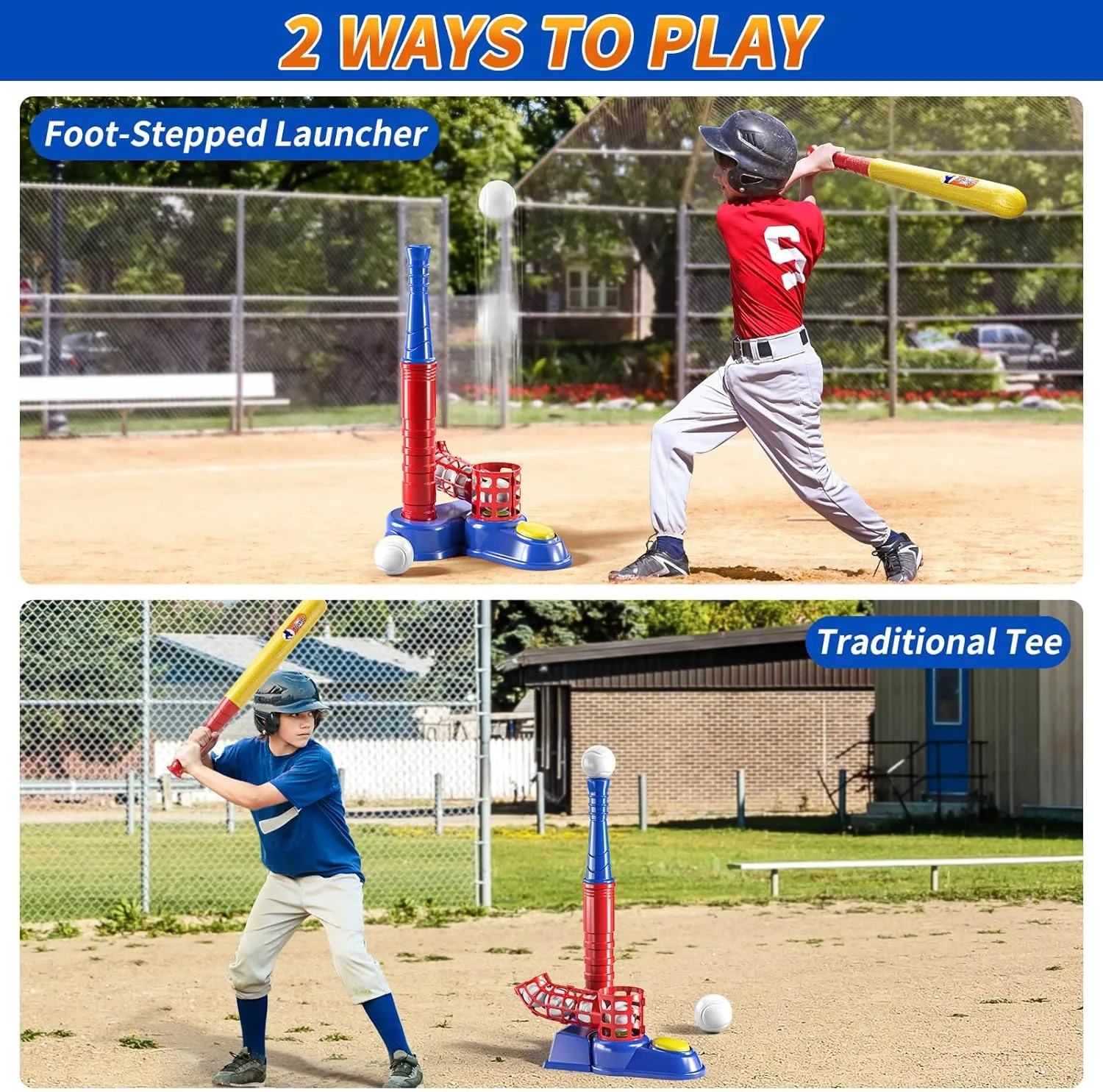 2 in 1 T Ball Sets for Kids 3-5,Tee Ball Set with 10 Balls,Step on Pitching Machine,Teeball Batting Tee,Baseball Toys Outdoor/Indoor Sport Toys Gift for 3 4 5 6 7 8 Year Old Kids Boys Girls