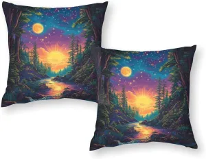 2 Packs Mystical River Jungle Throw Pillow Covers for Living Room, Colorful Starry Woodland Pillow Covers Cushion Case for Couch Sofa Bed