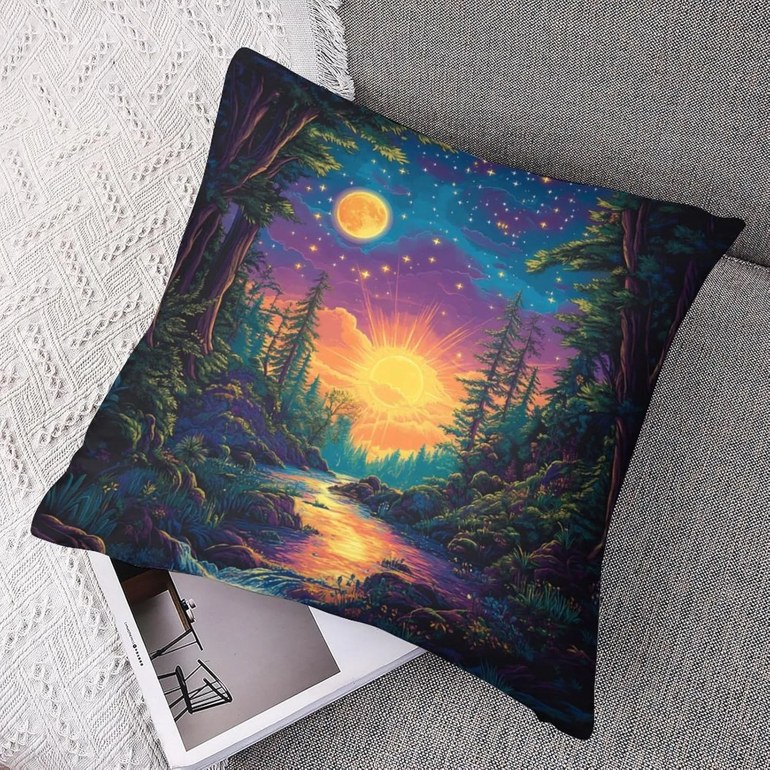 2 Packs Mystical River Jungle Throw Pillow Covers for Living Room, Colorful Starry Woodland Pillow Covers Cushion Case for Couch Sofa Bed