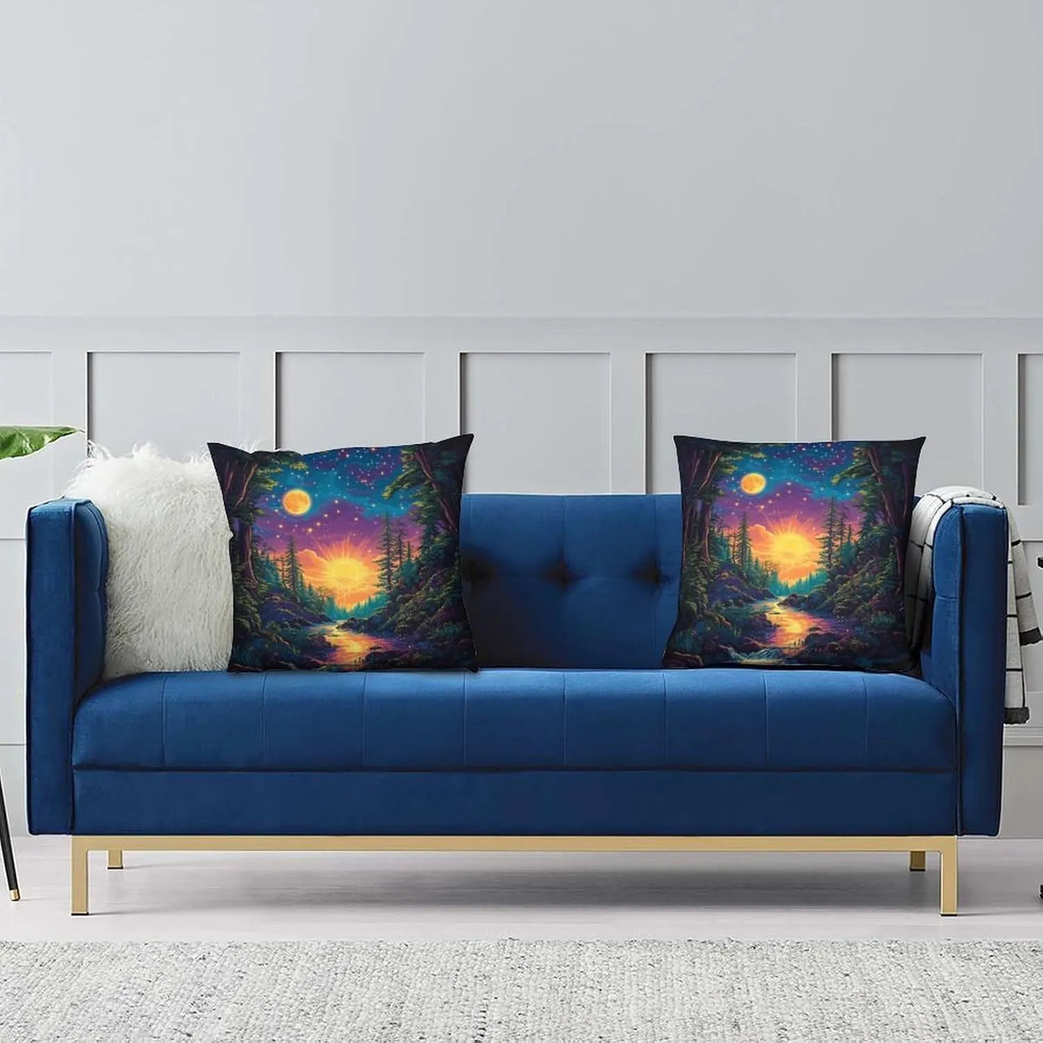2 Packs Mystical River Jungle Throw Pillow Covers for Living Room, Colorful Starry Woodland Pillow Covers Cushion Case for Couch Sofa Bed