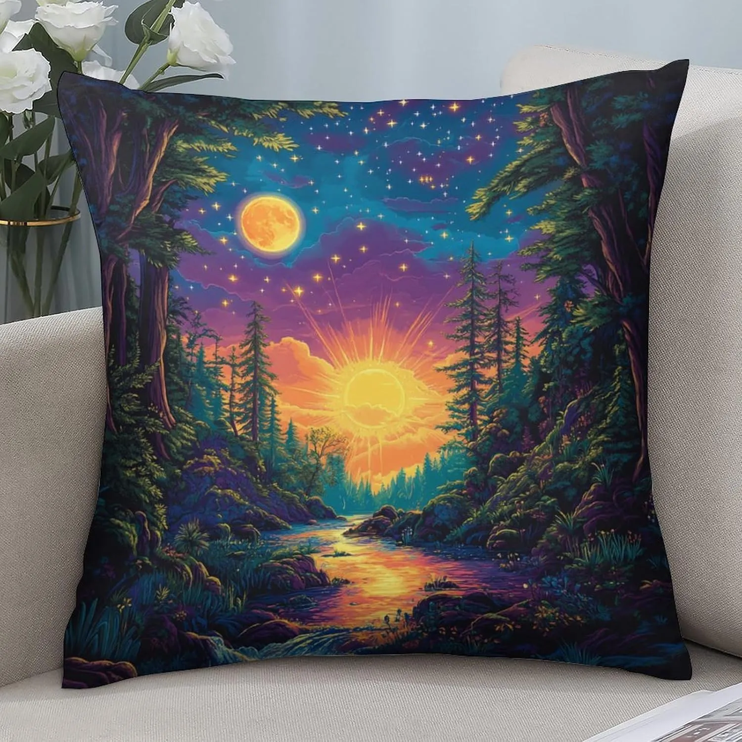 2 Packs Mystical River Jungle Throw Pillow Covers for Living Room, Colorful Starry Woodland Pillow Covers Cushion Case for Couch Sofa Bed