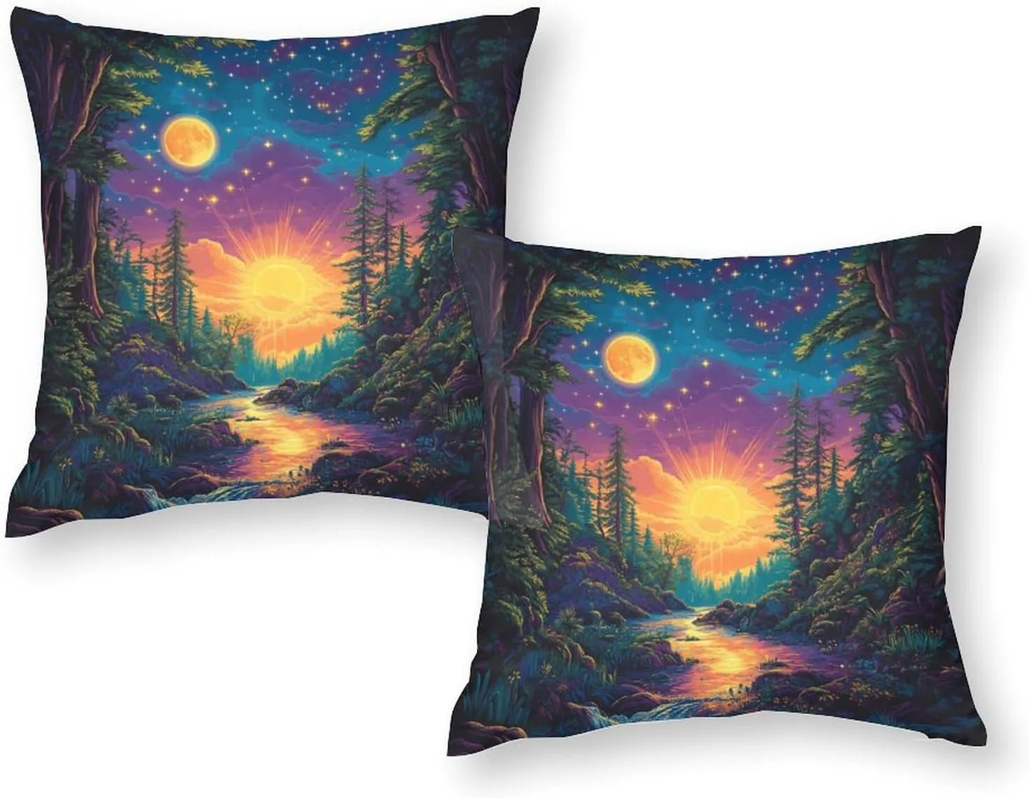 2 Packs Mystical River Jungle Throw Pillow Covers for Living Room, Colorful Starry Woodland Pillow Covers Cushion Case for Couch Sofa Bed