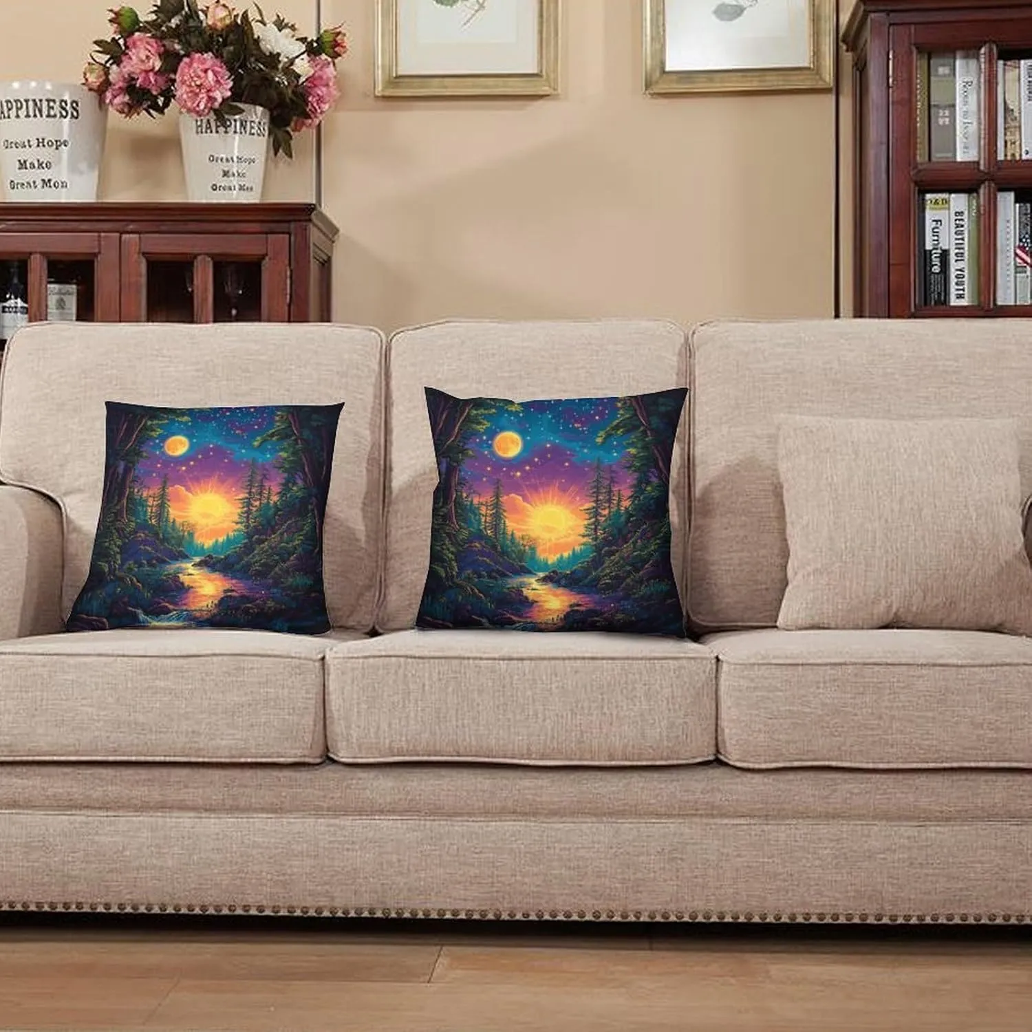 2 Packs Mystical River Jungle Throw Pillow Covers for Living Room, Colorful Starry Woodland Pillow Covers Cushion Case for Couch Sofa Bed