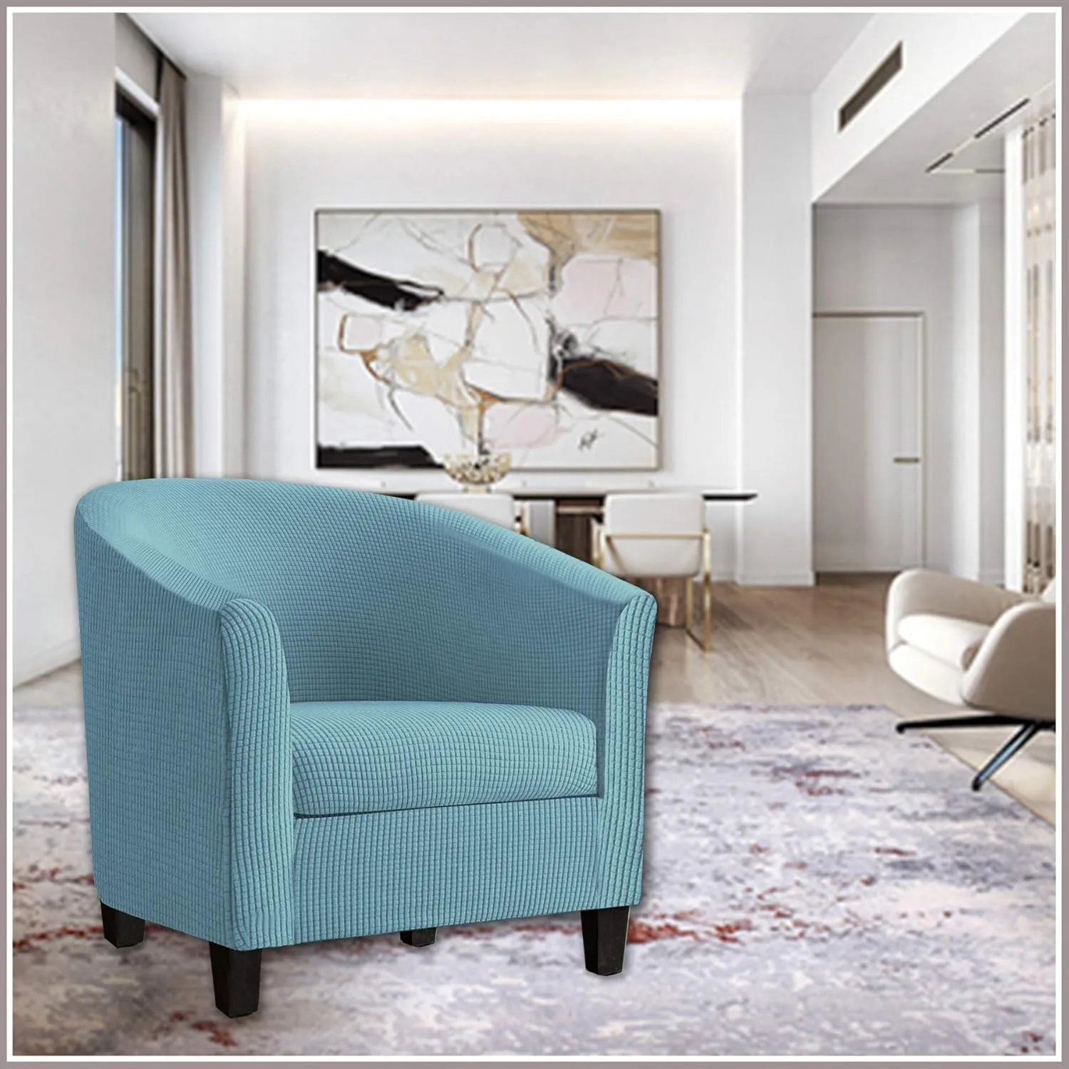 2 Piece Tub Chair Covers with Cushion Cover, Stretch Jacquard Furniture Cover,Armchair Protector Slipcover Removable Machine Washable (Sky Blue)