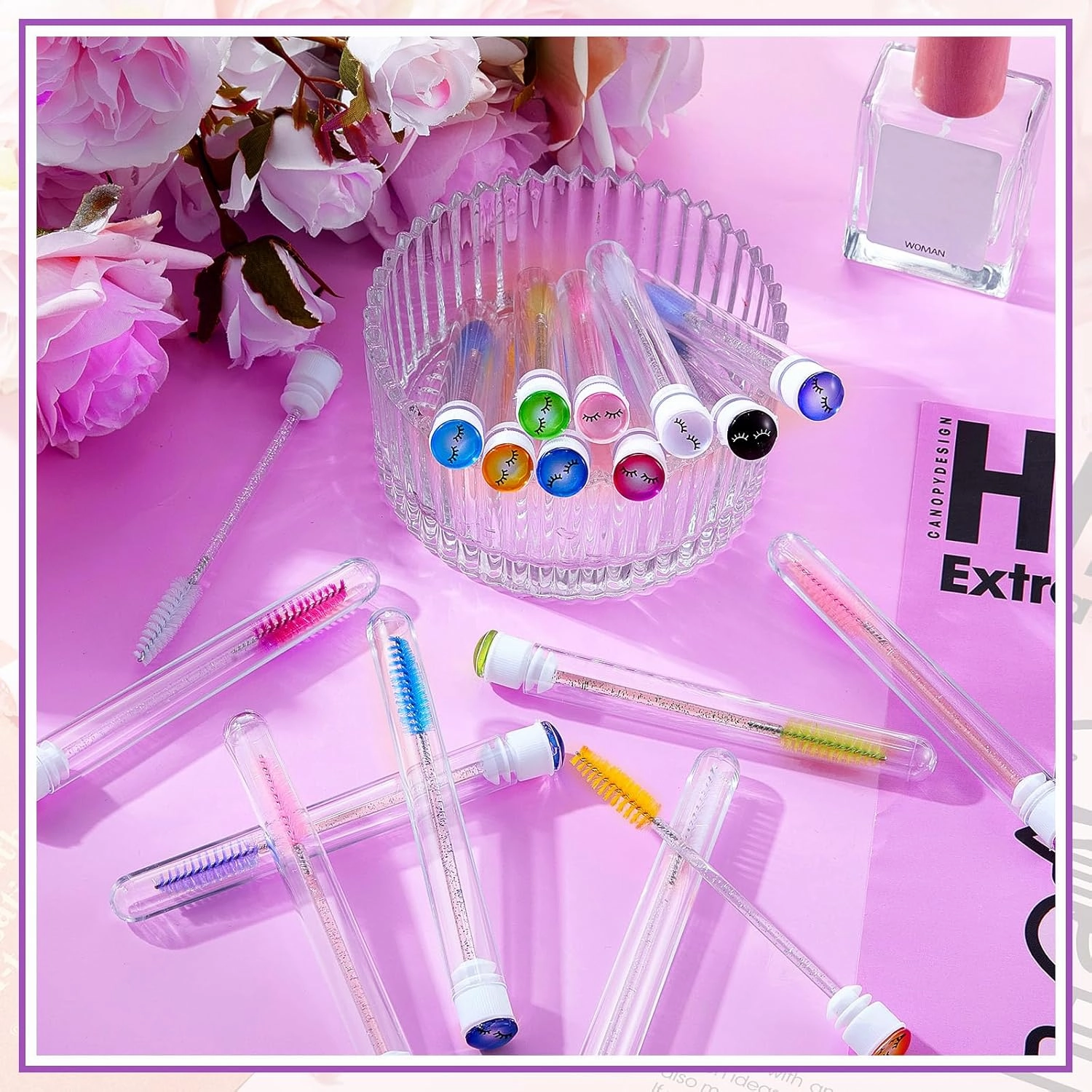 200 Pieces Mascara Wand Tube Set 100 Pcs Lash Spoolies for Eyelash Extensions 100 Pcs Diamond Empty Mascara Brush Disposable Colorful Eyebrow Applicator Makeup Tool (Bright)