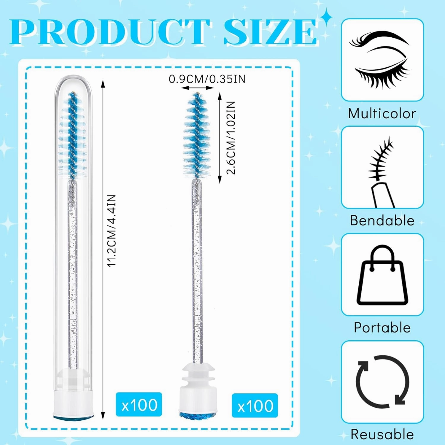 200 Pieces Mascara Wand Tube Set 100 Pcs Lash Spoolies for Eyelash Extensions 100 Pcs Diamond Empty Mascara Brush Disposable Colorful Eyebrow Applicator Makeup Tool (Turquoise)