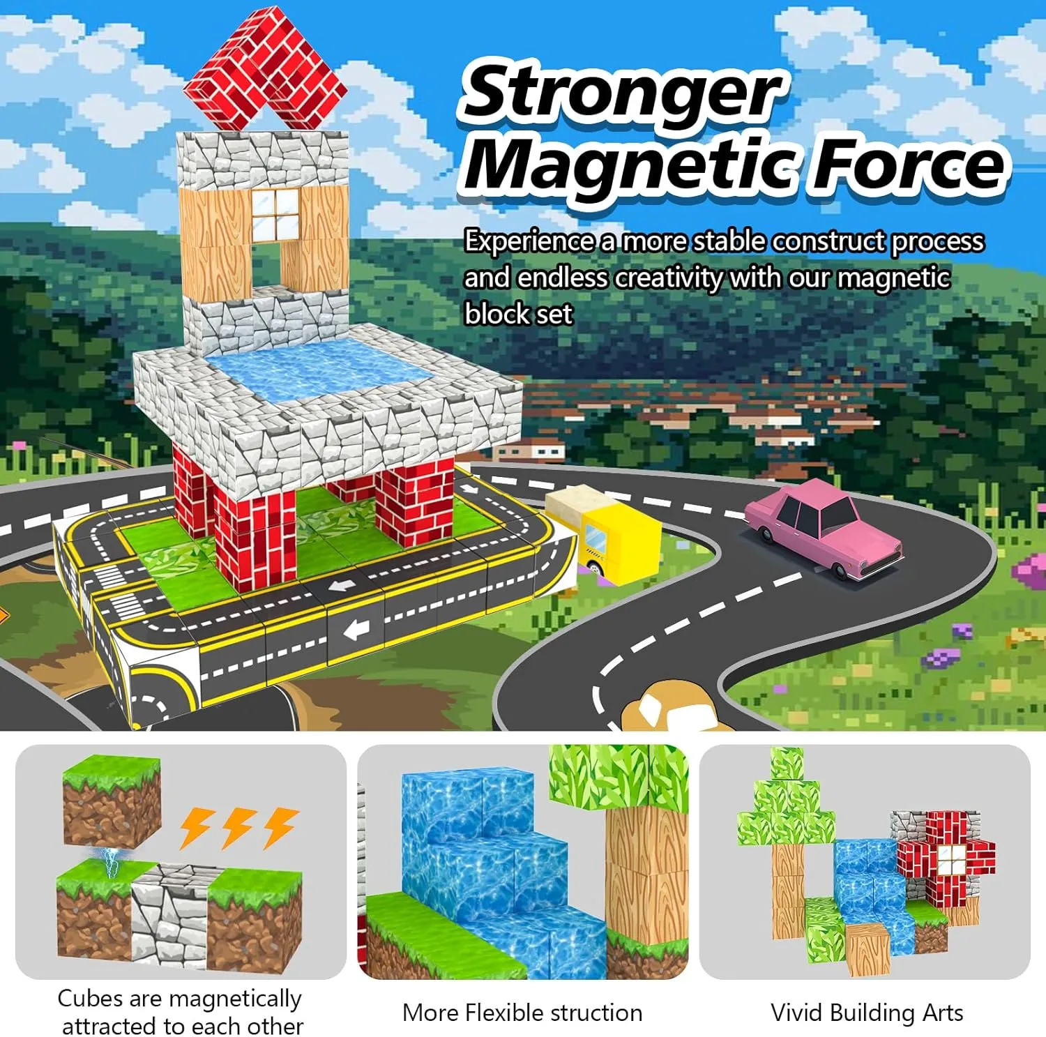 200PCS Magnetic Building Blocks for Kids Ages 4-8,Magnet STEM Sensory Toys-Tiles Road Track, Mine World Build Set, Christmas Birthday Gifts Toy