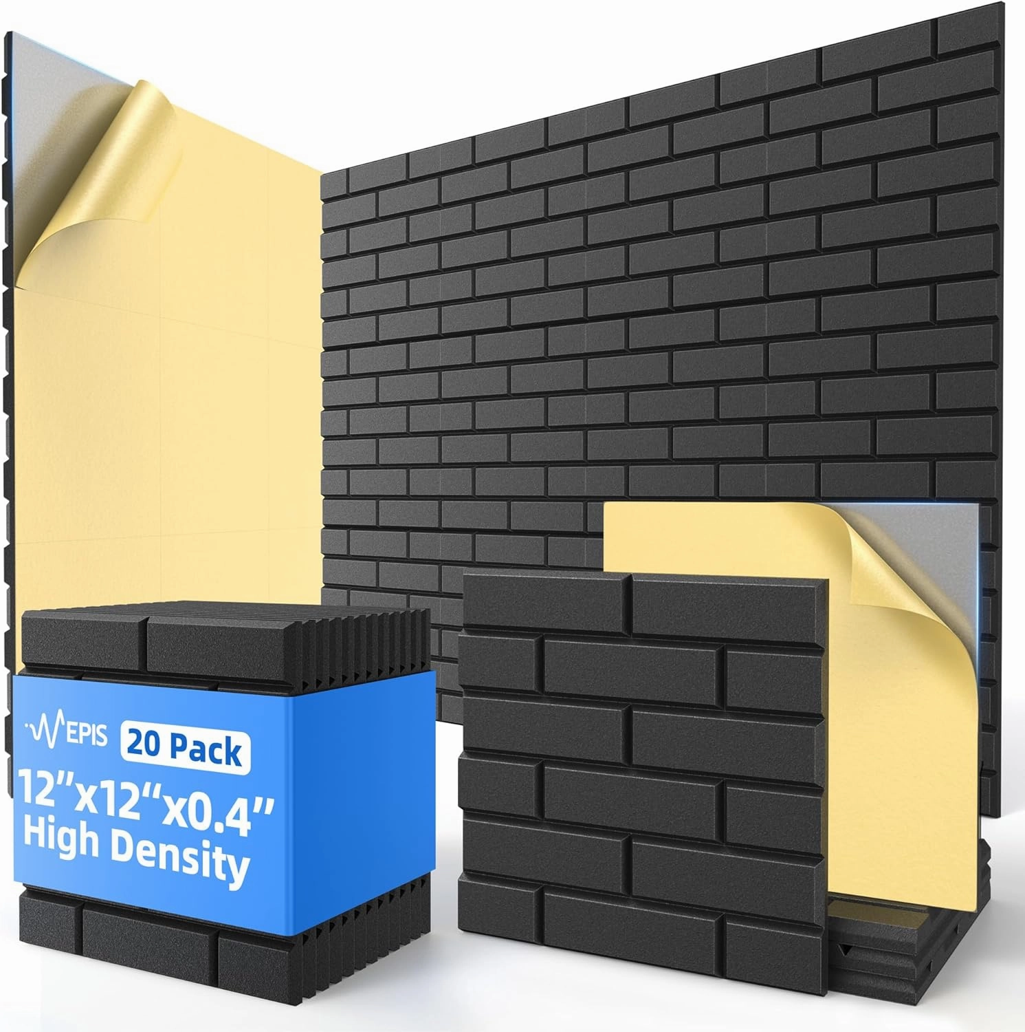 20 Pack Acoustic Panels with Self Adhesive, 12" X 12" X 0.4" High Density Sound Proof Foam Panels for Walls, Soundproof Wall Panels, Brick Sound Absorbing Panels for Home Studio Office Decor - Black