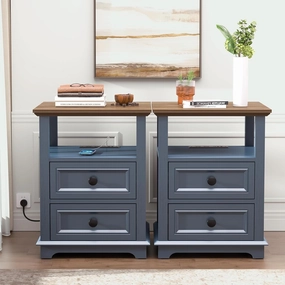 24” Tall Nightstand with Charging Station Set of 2, Fast Charge End Table Set of 2, Large 18” Bedside Table with Drawers, Storage Cabinet with Open Shelf for Bedroom, Blue