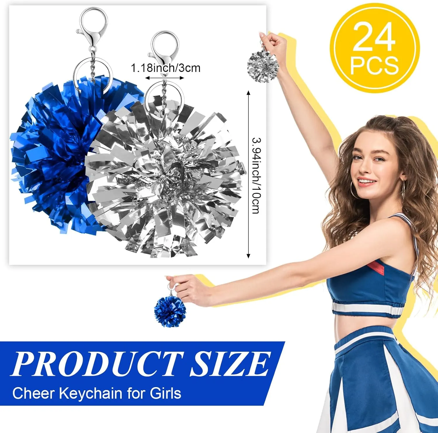 24Pcs Cheer Pom Pom Keychain Cheering Keyring Charm Foil Keychain Cheerleader Gift Plastic Pom Cheer Camp Gift
