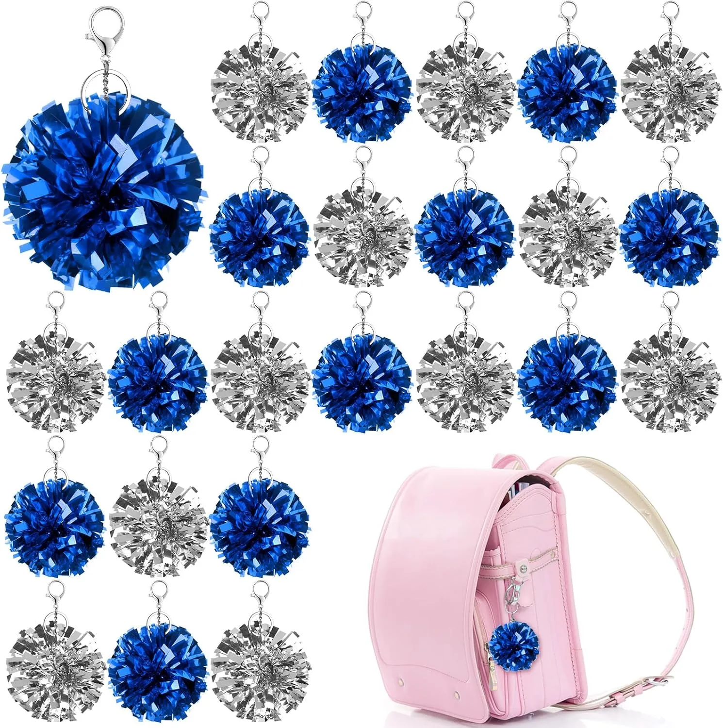 24Pcs Cheer Pom Pom Keychain Cheering Keyring Charm Foil Keychain Cheerleader Gift Plastic Pom Cheer Camp Gift