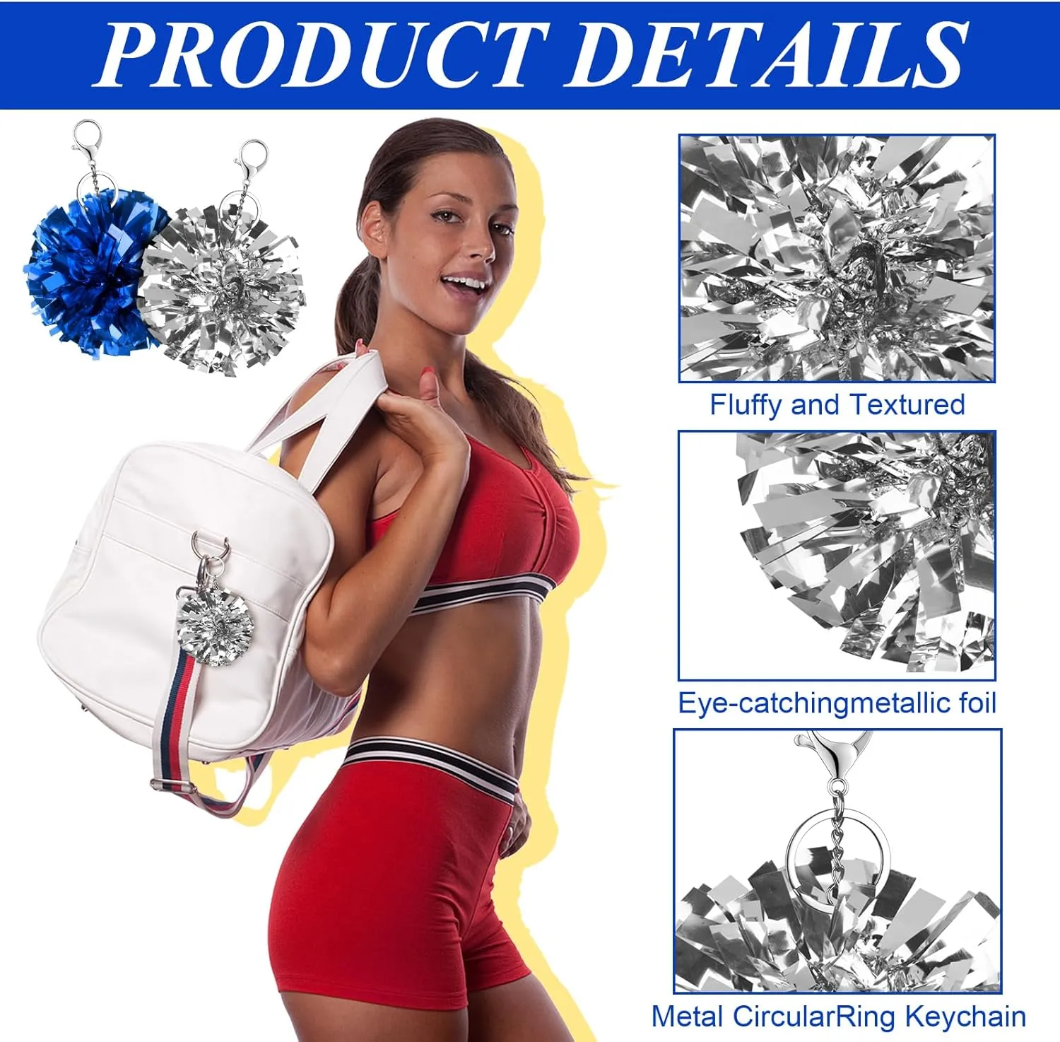 24Pcs Cheer Pom Pom Keychain Cheering Keyring Charm Foil Keychain Cheerleader Gift Plastic Pom Cheer Camp Gift