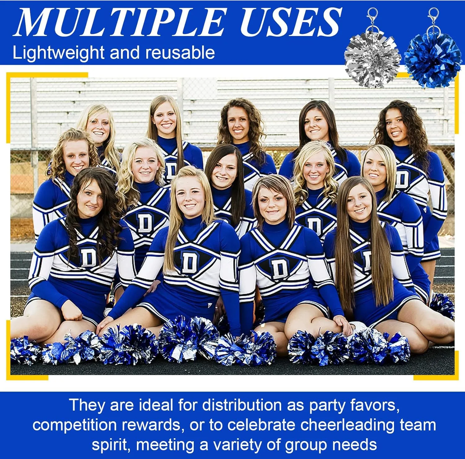 24Pcs Cheer Pom Pom Keychain Cheering Keyring Charm Foil Keychain Cheerleader Gift Plastic Pom Cheer Camp Gift