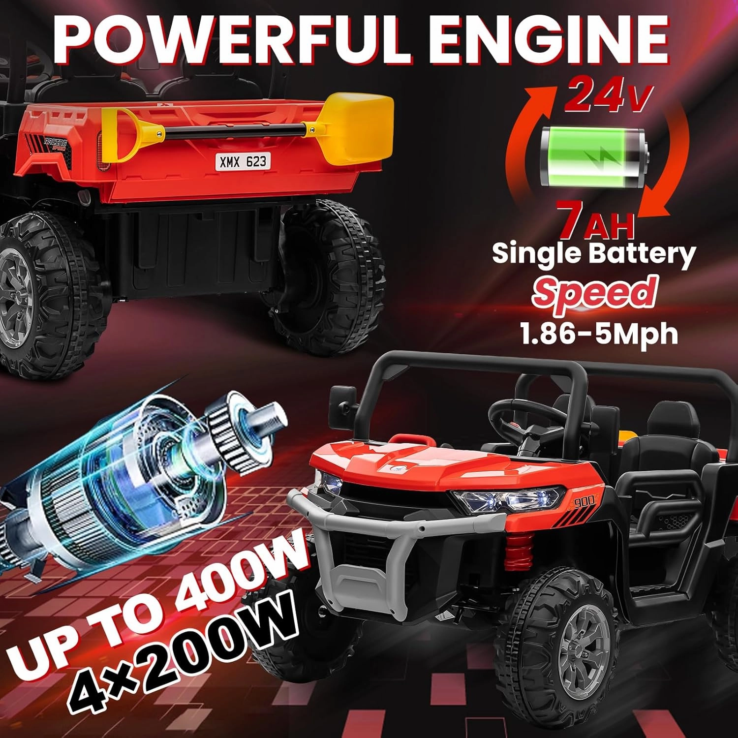 24V 4WD Ride on Car, 2 Seater Dump Truck w/4X200W Motor, Gift Flower, 2.4G Remote Control, 4 Wheeler, Bluetooth Music, LED Light, 24 Volt Battery Powered Ride on Toys for Big Kids, Red