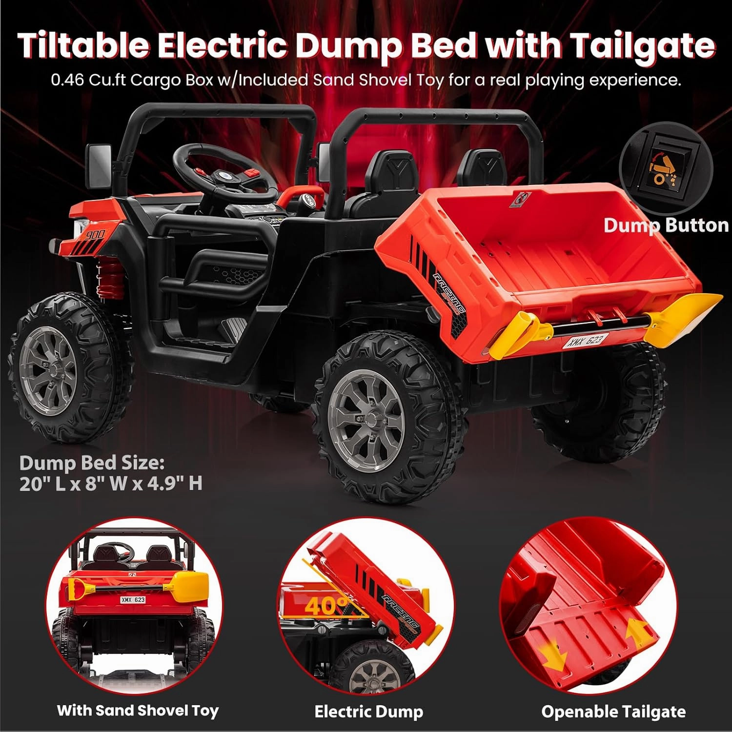 24V 4WD Ride on Car, 2 Seater Dump Truck w/4X200W Motor, Gift Flower, 2.4G Remote Control, 4 Wheeler, Bluetooth Music, LED Light, 24 Volt Battery Powered Ride on Toys for Big Kids, Red