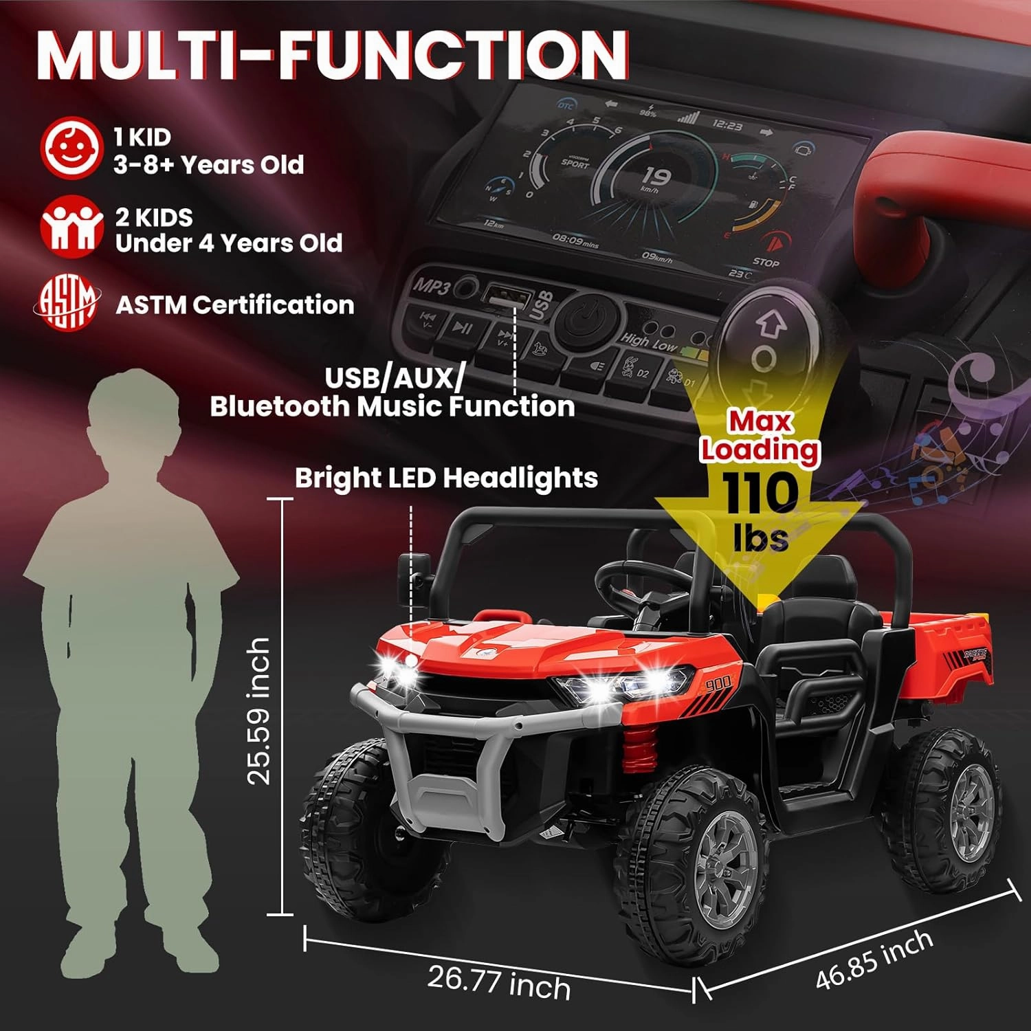 24V 4WD Ride on Car, 2 Seater Dump Truck w/4X200W Motor, Gift Flower, 2.4G Remote Control, 4 Wheeler, Bluetooth Music, LED Light, 24 Volt Battery Powered Ride on Toys for Big Kids, Red