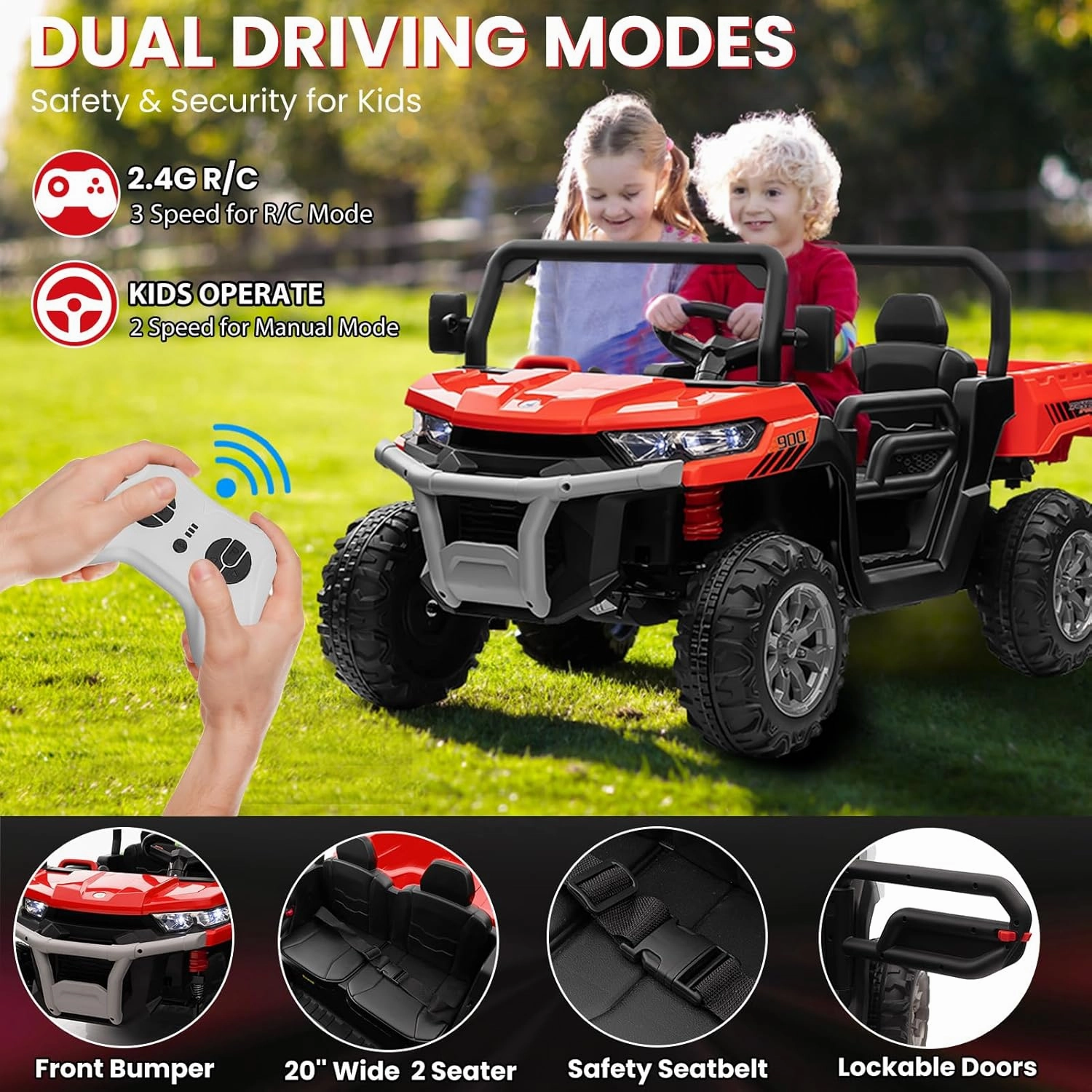 24V 4WD Ride on Car, 2 Seater Dump Truck w/4X200W Motor, Gift Flower, 2.4G Remote Control, 4 Wheeler, Bluetooth Music, LED Light, 24 Volt Battery Powered Ride on Toys for Big Kids, Red