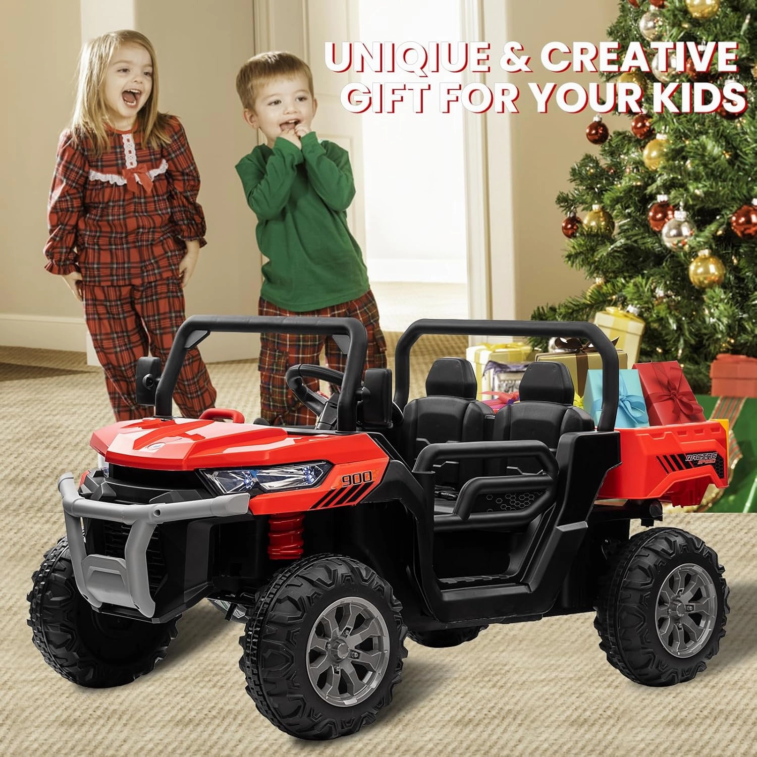 24V 4WD Ride on Car, 2 Seater Dump Truck w/4X200W Motor, Gift Flower, 2.4G Remote Control, 4 Wheeler, Bluetooth Music, LED Light, 24 Volt Battery Powered Ride on Toys for Big Kids, Red