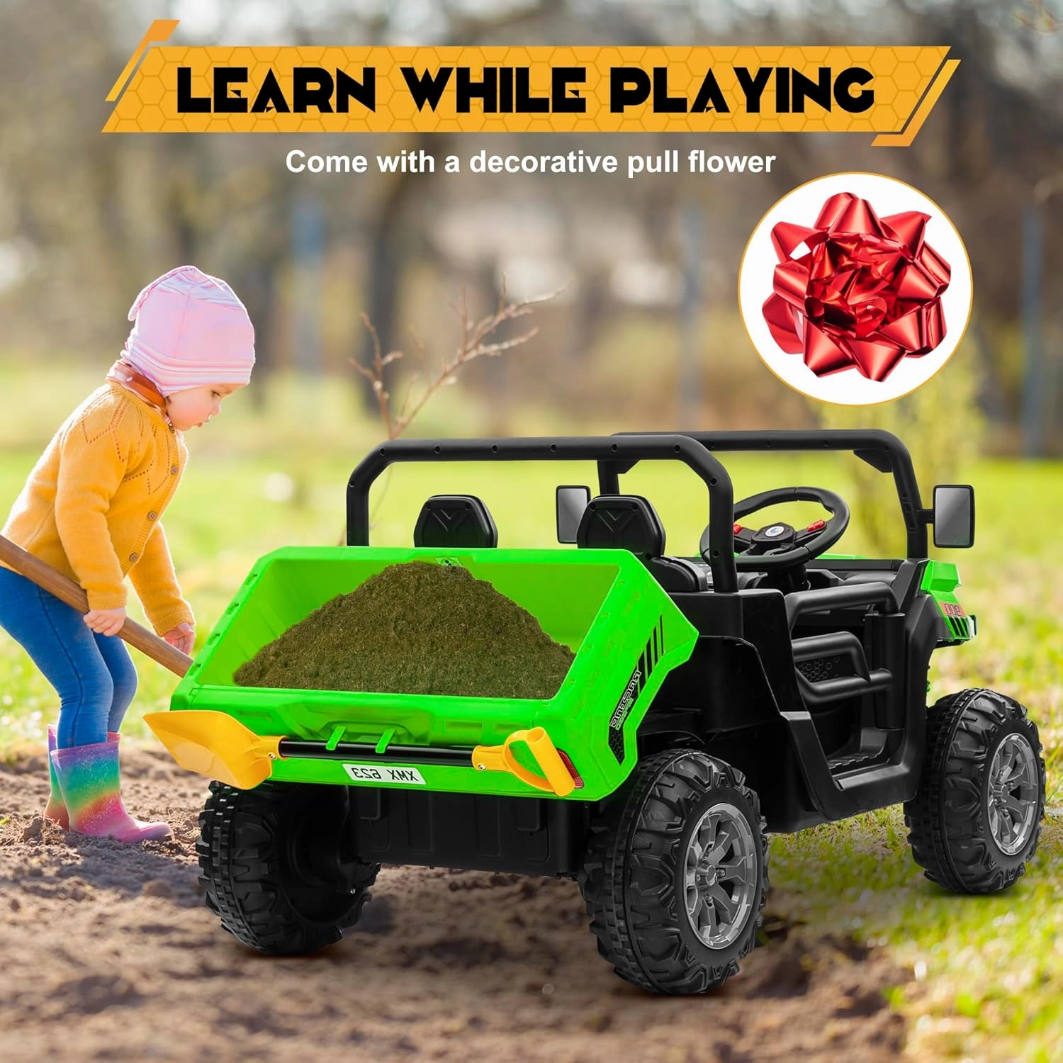 24V 4WD Ride on Car Dump Truck w/4X200W Motor, Gift Flower, 2.4G Remote Control, Bluetooth Music, LED Light, 24 Volt Ride on Toy Cars for Big Kids, Green