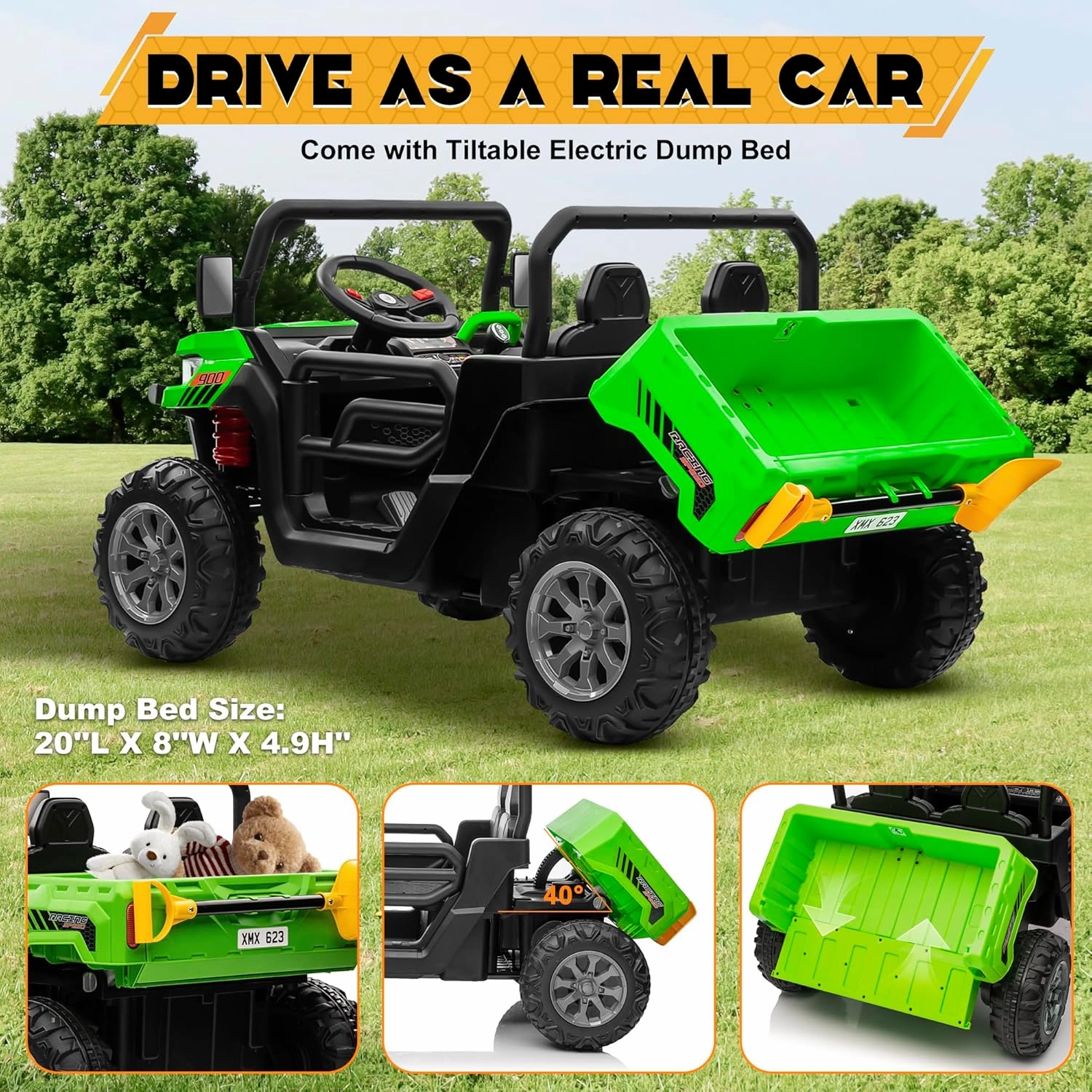 24V 4WD Ride on Car Dump Truck w/4X200W Motor, Gift Flower, 2.4G Remote Control, Bluetooth Music, LED Light, 24 Volt Ride on Toy Cars for Big Kids, Green