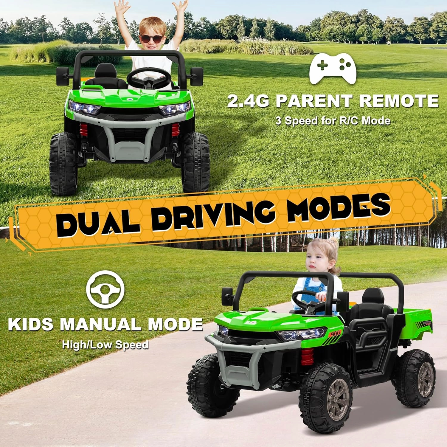 24V 4WD Ride on Car Dump Truck w/4X200W Motor, Gift Flower, 2.4G Remote Control, Bluetooth Music, LED Light, 24 Volt Ride on Toy Cars for Big Kids, Green