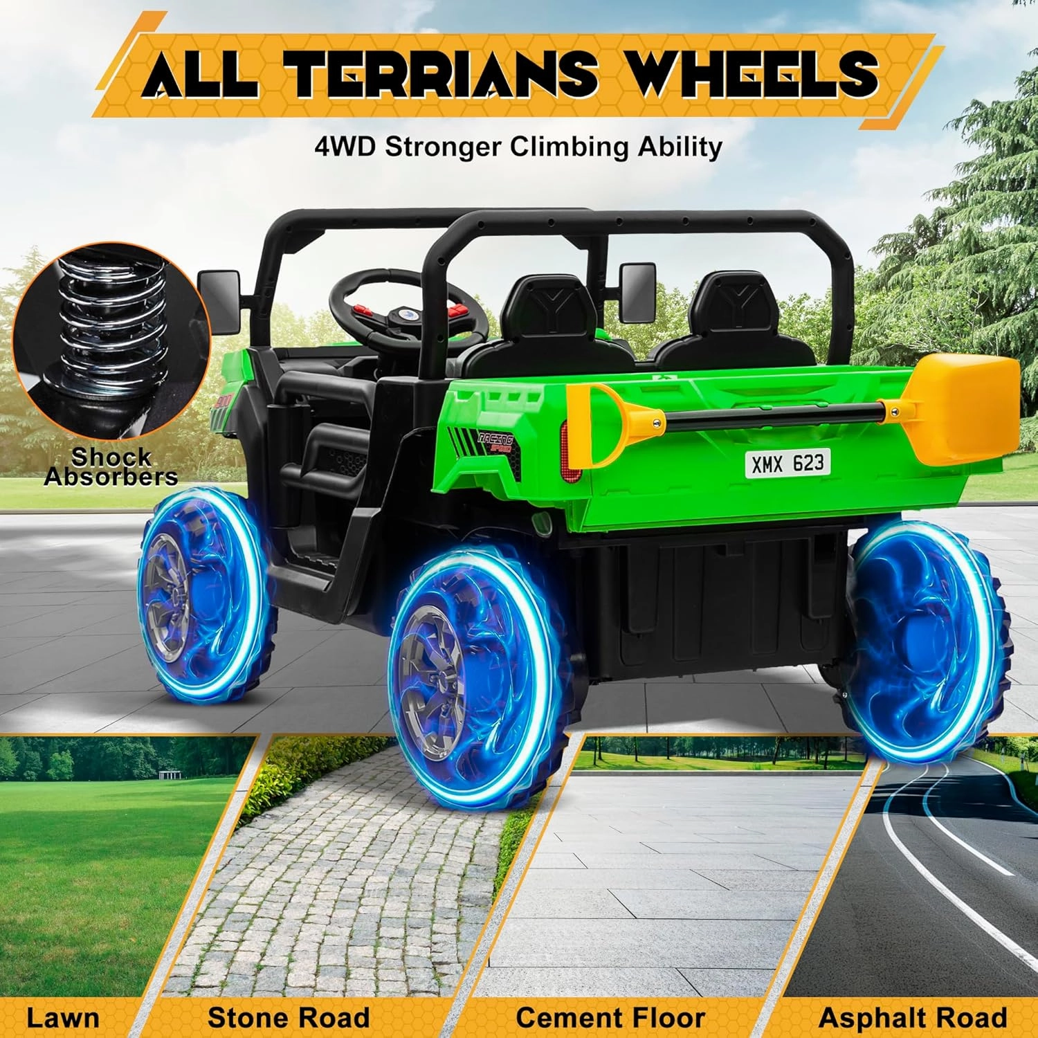24V 4WD Ride on Car Dump Truck w/4X200W Motor, Gift Flower, 2.4G Remote Control, Bluetooth Music, LED Light, 24 Volt Ride on Toy Cars for Big Kids, Green