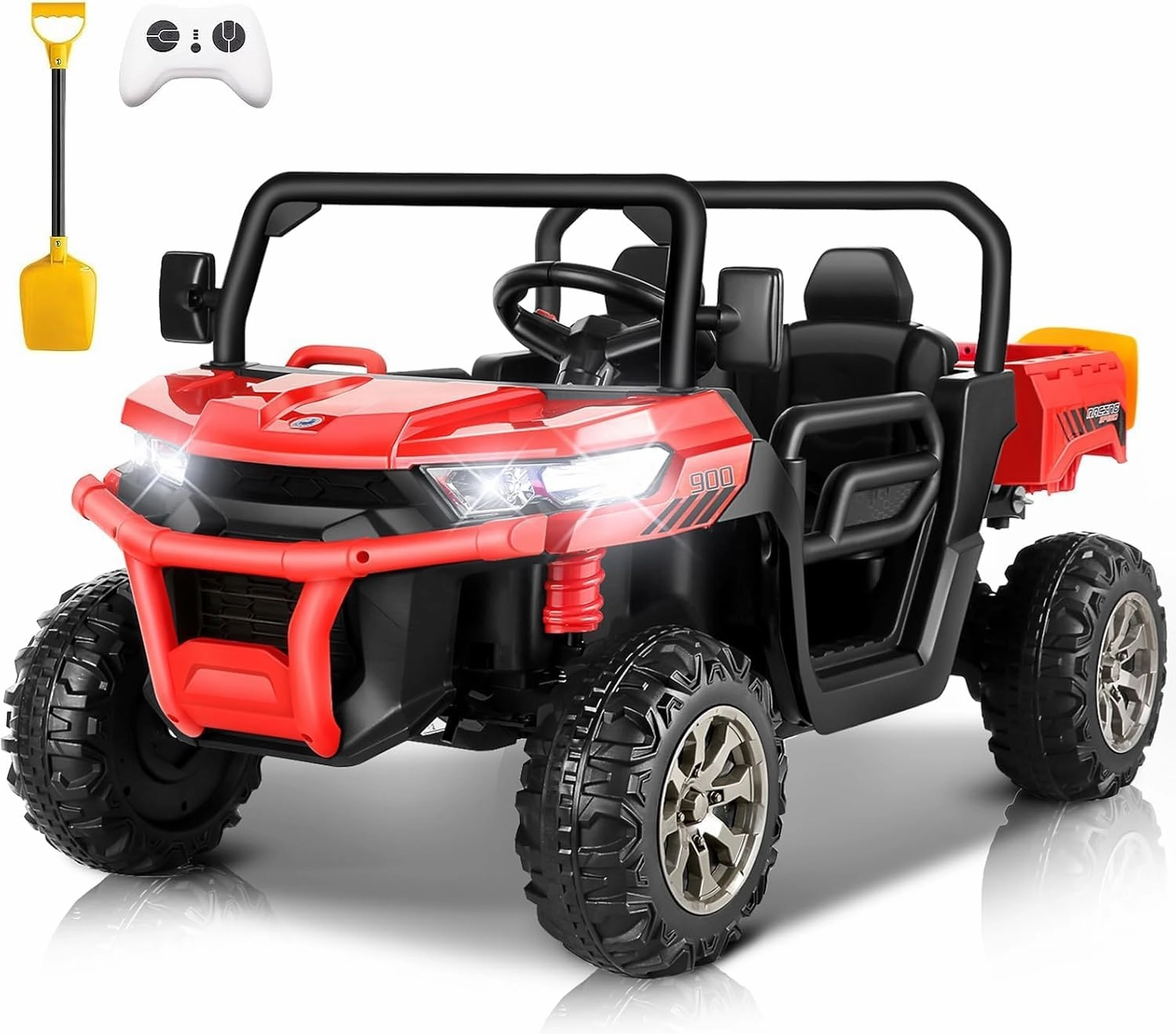 24V 4WD Ride on Car Dump Truck w/4X200W Motor, Gift Flower, 2.4G Remote Control, Bluetooth Music, LED Light, 24 Volt Ride on Toy Cars for Big Kids, Red