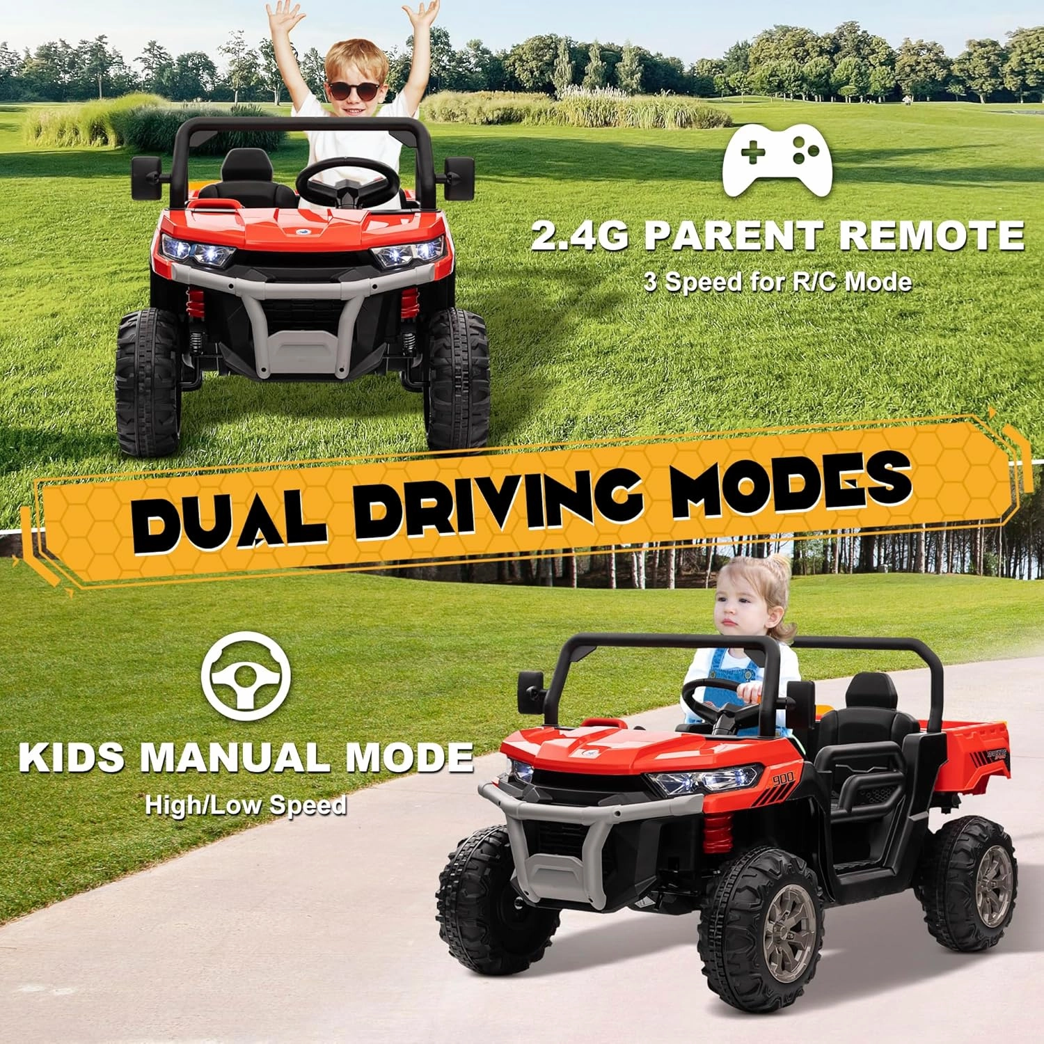 24V 4WD Ride on Car Dump Truck w/4X200W Motor, Gift Flower, 2.4G Remote Control, Bluetooth Music, LED Light, 24 Volt Ride on Toy Cars for Big Kids, Red