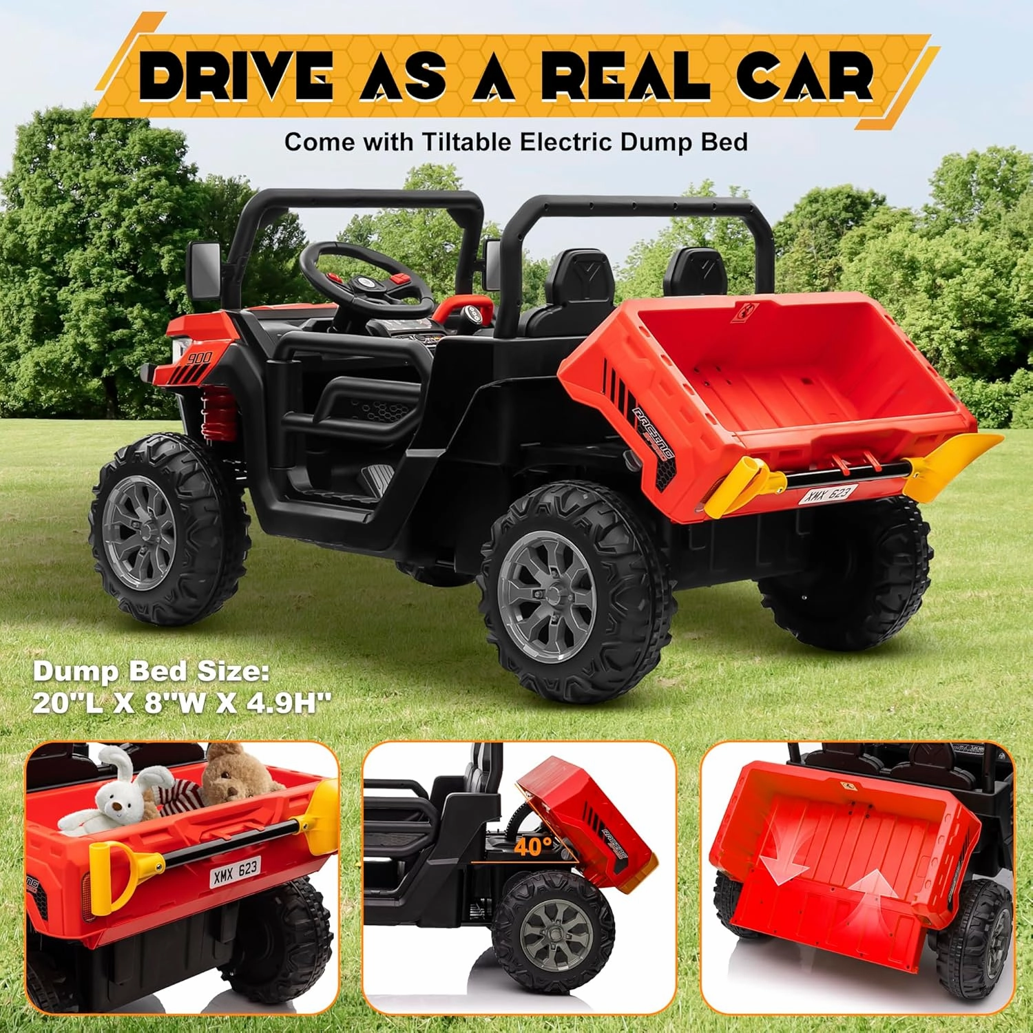 24V 4WD Ride on Car Dump Truck w/4X200W Motor, Gift Flower, 2.4G Remote Control, Bluetooth Music, LED Light, 24 Volt Ride on Toy Cars for Big Kids, Red