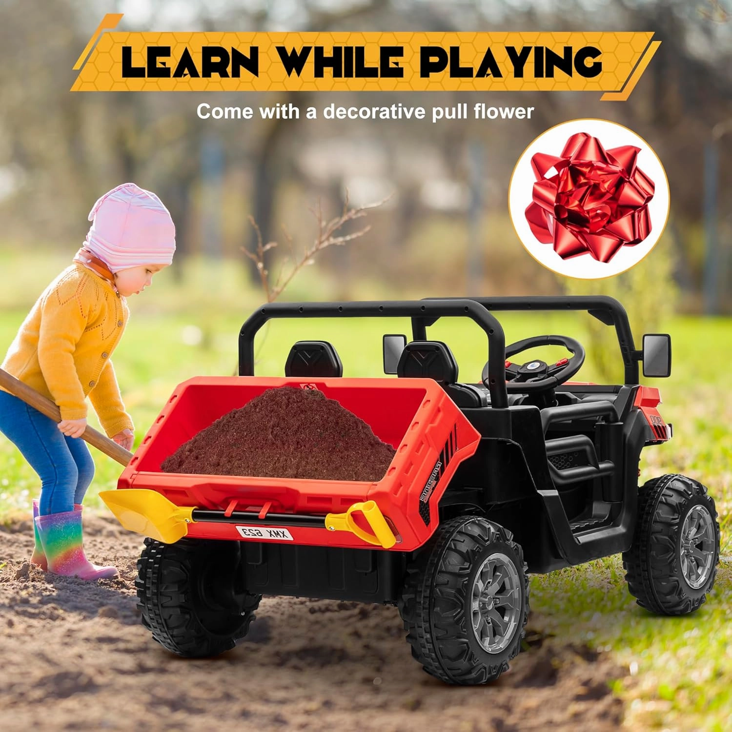 24V 4WD Ride on Car Dump Truck w/4X200W Motor, Gift Flower, 2.4G Remote Control, Bluetooth Music, LED Light, 24 Volt Ride on Toy Cars for Big Kids, Red